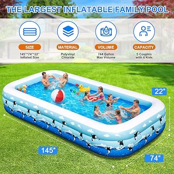 Large Inflatable Swimming Pool 145 x 74 x 22 Family Size Blow Up Pool for Adults & Kids, Oversized Backyard Kiddie Pool for Outdoor, Garden, Summer Water Party