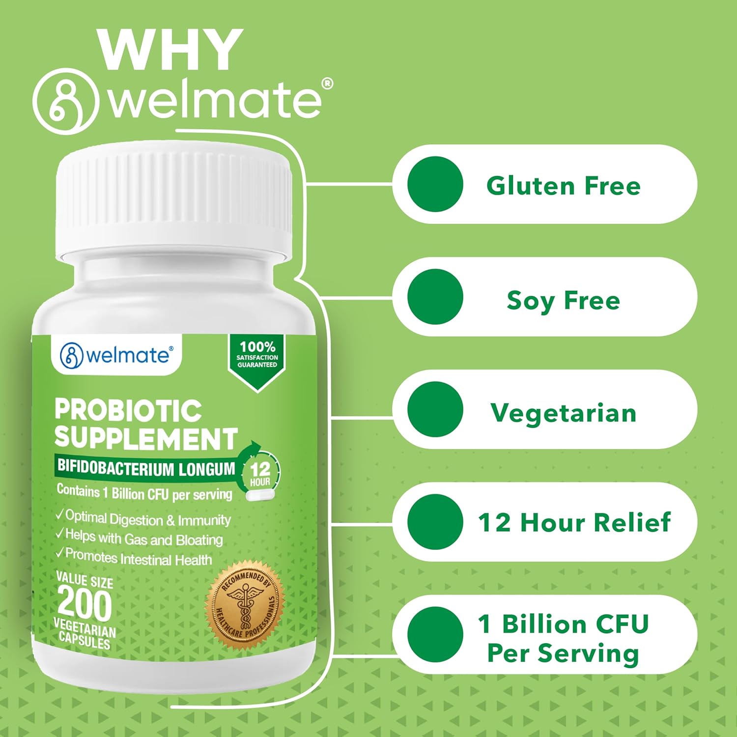 WELMATE Bifidobacterium - Probiotic Supplement - Supports Gut Health - Immune Support - Digestive Enzymes - Gluten Free - Vegan - Men & Womens Probiotic - Value Size - 200 Count - Image 6