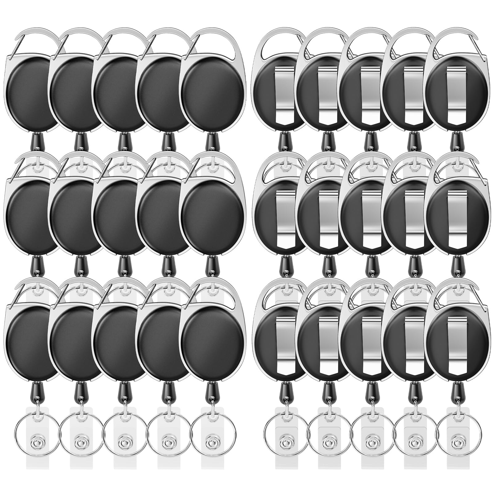 Retractable Badge Holder with Carabiner Reel Clip and Key Ring for ID Card Key Keychain Holders Black 30 Pieces