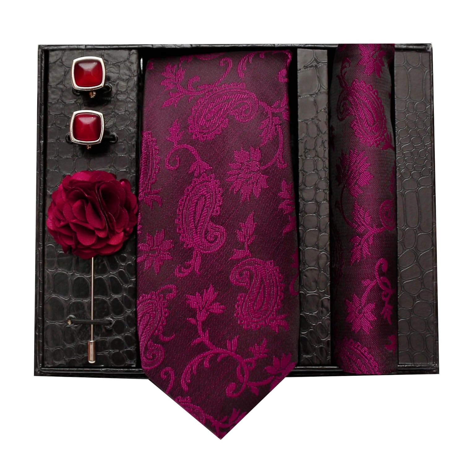 Tie for Men – Micro Silk Neck Ties Set with Cufflinks Flower Pin, Pocket Square & Black Gift Box, Combo Necktie Sets for Office Wear, Formal Suits & Weddings (Maroon, 214silver) Tie for Men – Micro Silk Neck Ties Set with Cufflinks Flower Pin, Pocket Square & Black Gift Box, Combo Necktie Sets for Office Wear, Formal Suits & Weddings (Maroon, 214silver)