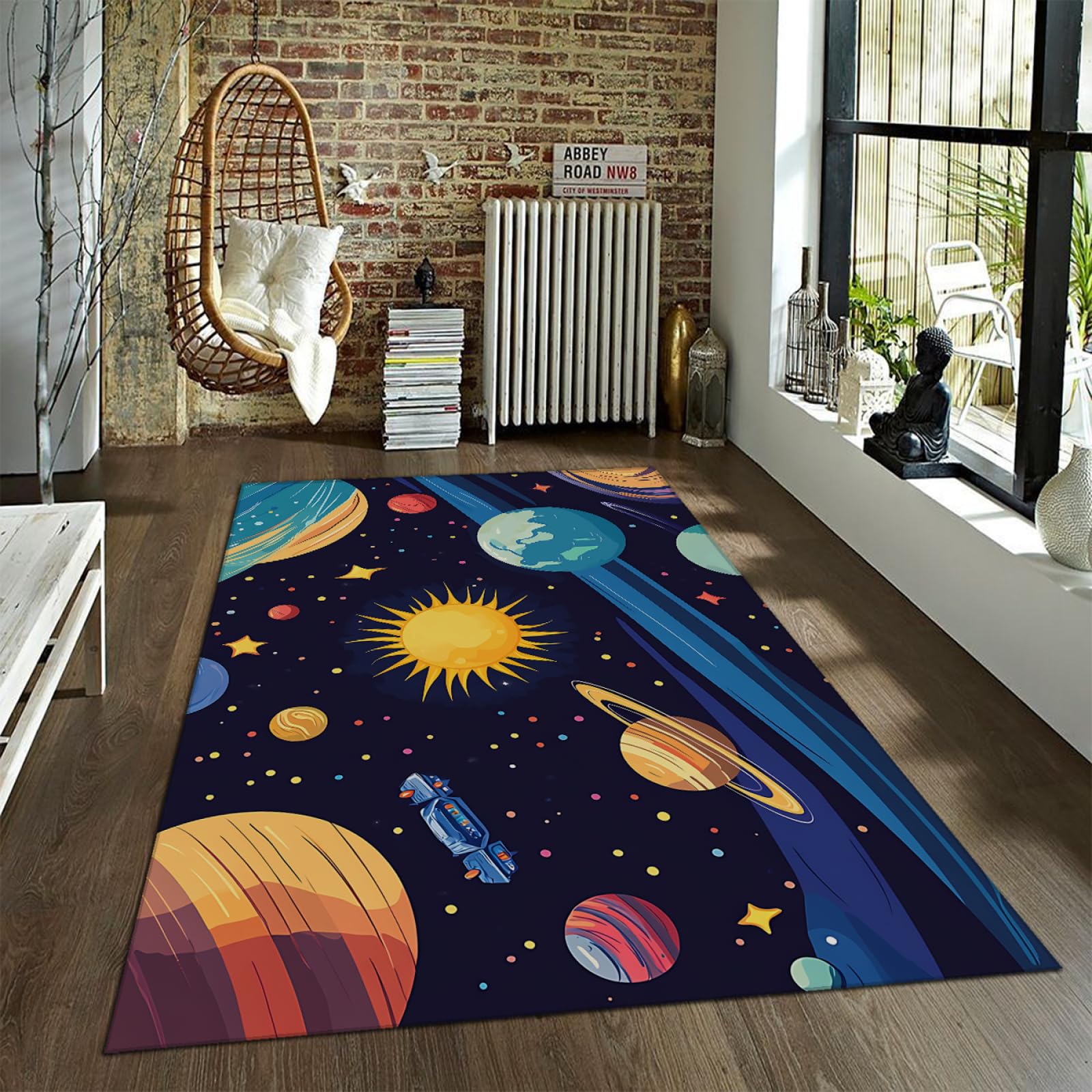 Tappeto dello spazio esterno Tappeto per astronave per la stanza dei ragazzi Tappeto dei cartoni animati Pianeta stellato Zerbino per aula Tappeto per la stanza della scuola materna 60 x 100 cm