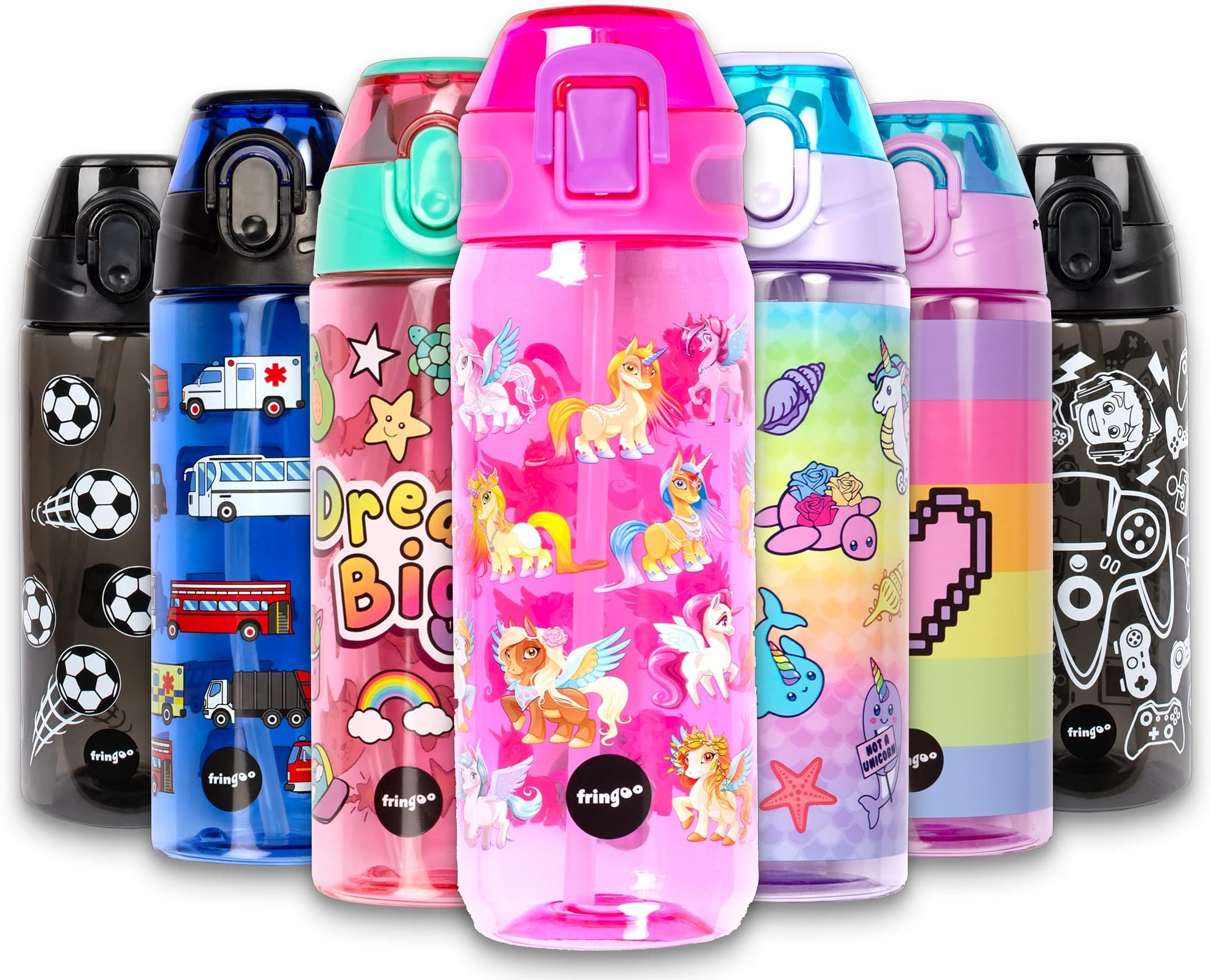 Fringoo - 600ml Kids Water Bottle with Straw & Fliptop Lock - 100% Leakproof - BPA Free 600ml Kids Water Bottle for School - Magic Unicorn
