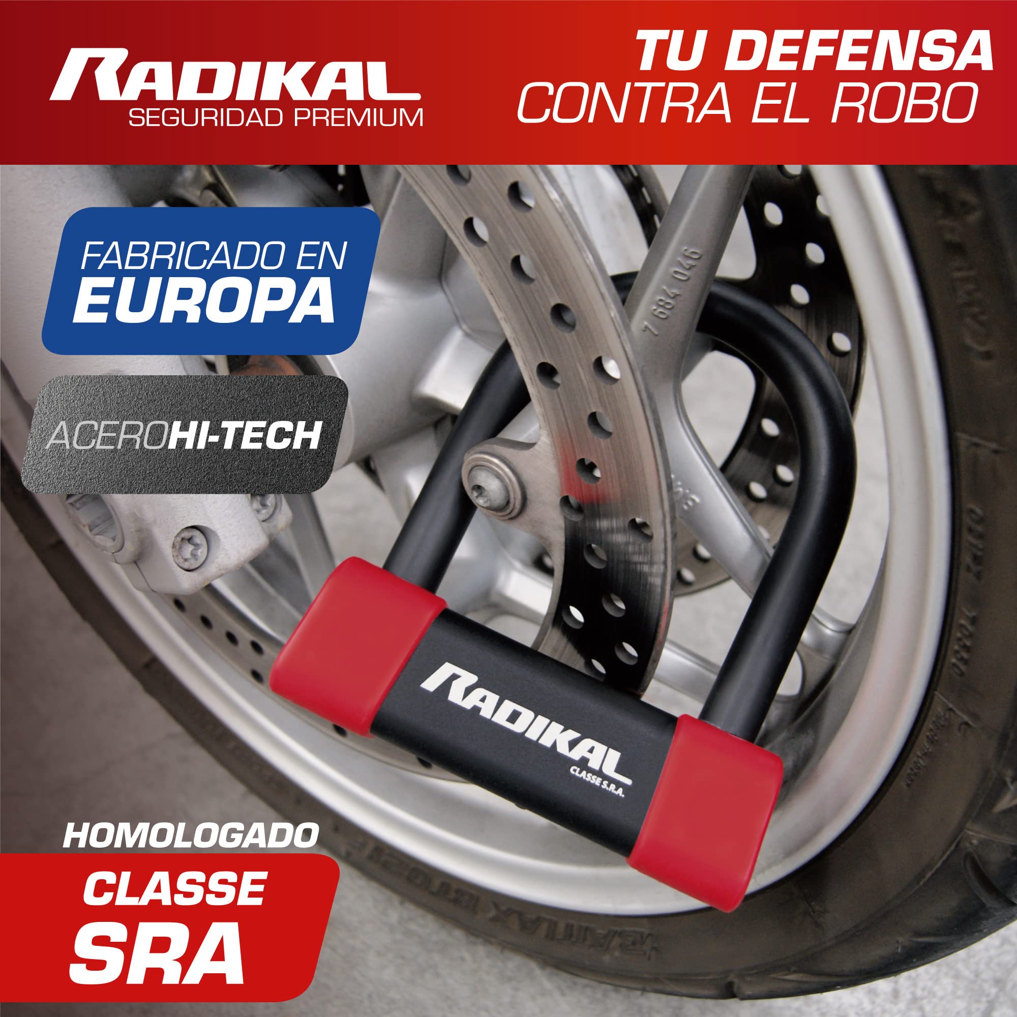 RADIKAL RK120R Candado Moto U Alta Seguridad Homologado SRA, 120x120mm, Arco ø18mm Acero Cementado Revestido de Doble Cierre, Cerradura Antiganzúa, Antirrobo U para Motocicleta Scooter, Bici Eléctrica