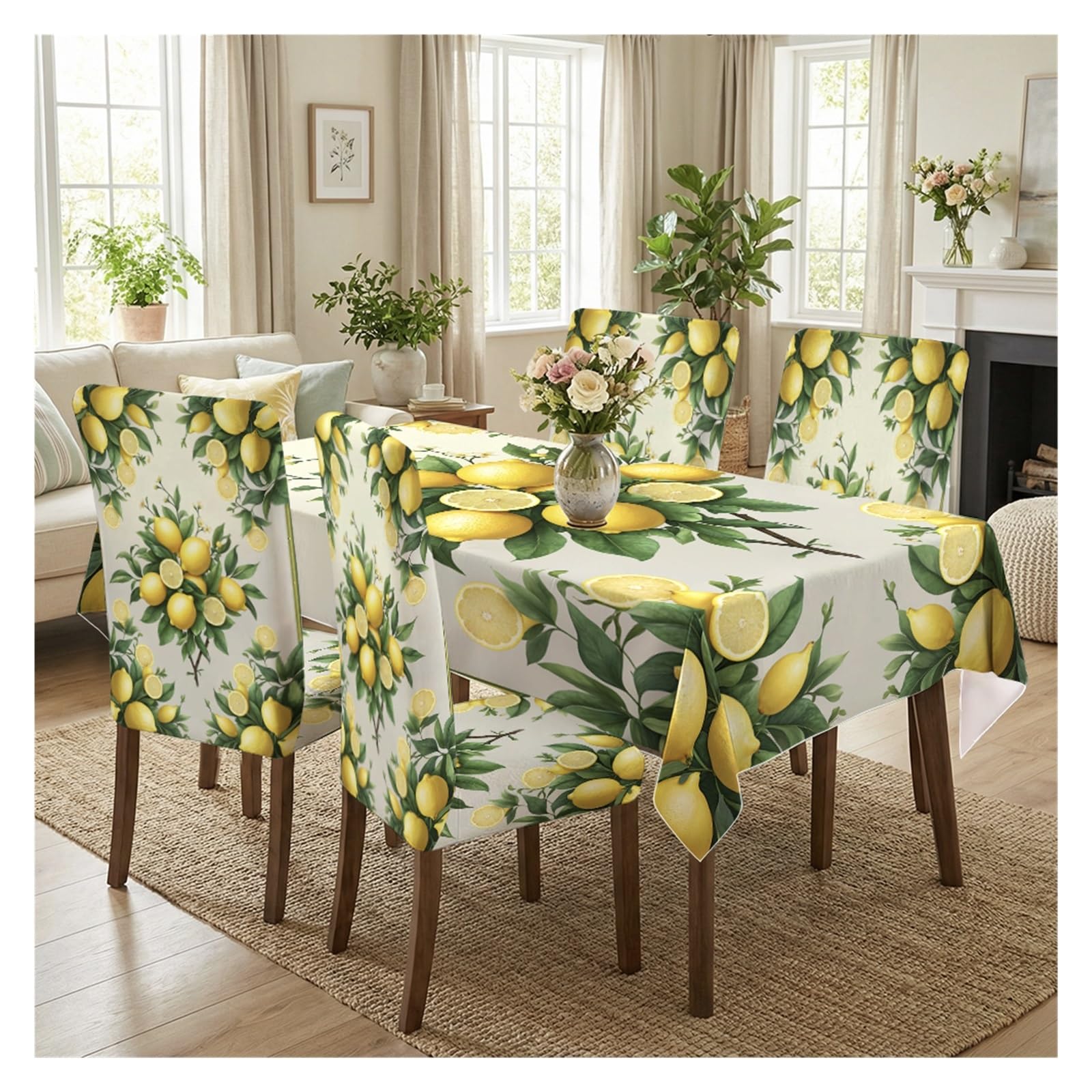 KXUAUV Lemon Print Stretch Dining Chair Covers & Tablecloth Set, 5/7 Pack Party Decor(5pcs Set: Tablecloth+Chair Covers)