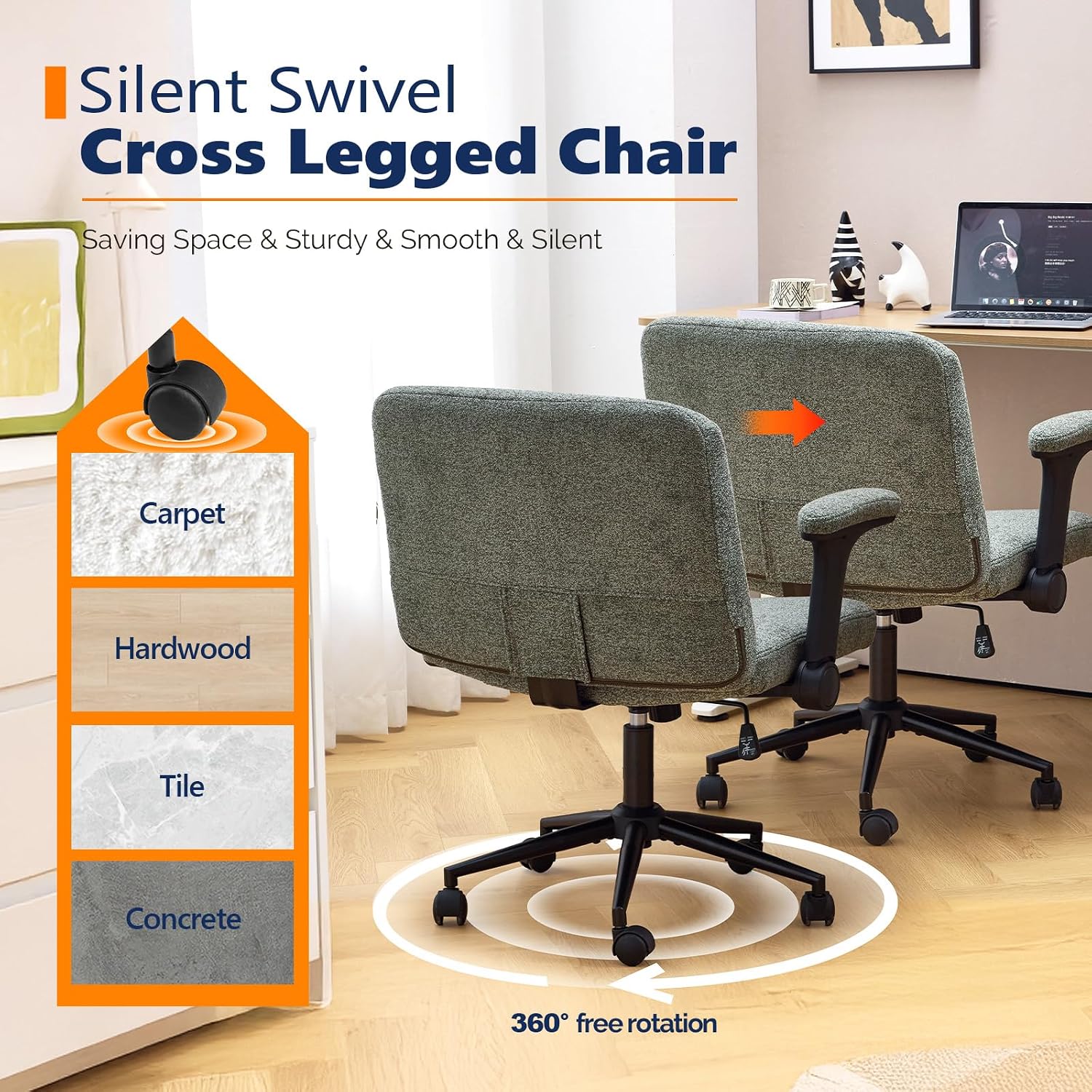Silent swivel cross-legged chair demonstrating 360 degree rotation and suitability for carpet, hardwood, and tile floors.