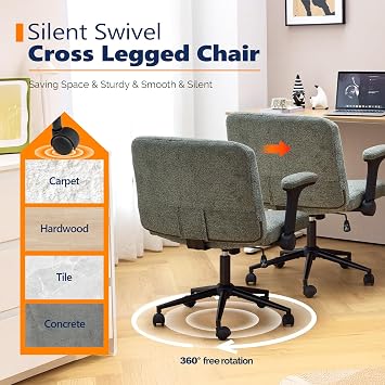 VINGLI Criss Cross Chair with Adjustable Flip-Up Arms,Cross Legged Chair with Wheels, Extra Wide Office Chair,Cozy Desk Chair for Home Office, Vanity, Apartment,Chenille Velvet,Dark Green