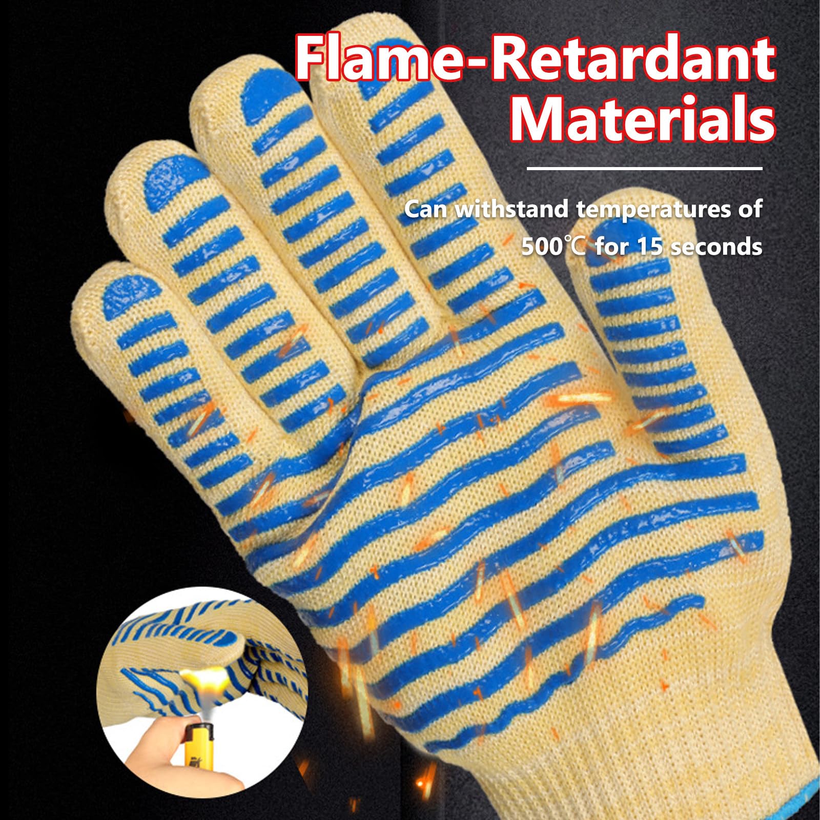 Guantes Barbacoa, Calor hasta 500°C, Silicona Antideslizante, Guantes Cocina para Parrilla, Hornear, Microondas, 2 Par Blue-26cm/10.24in