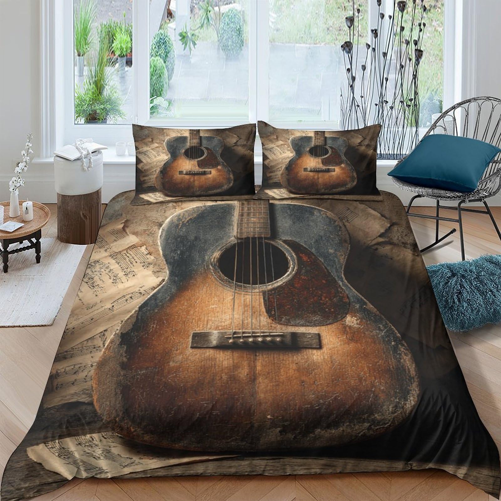 Ctjqhvkz Style-6 3D Printed Vintage Guitar Fitted Sheet Microfiber Soft Breathable Acoustic Music Bed Cover For Bedroom Dorm Mattress Decor Single（135X200cm）