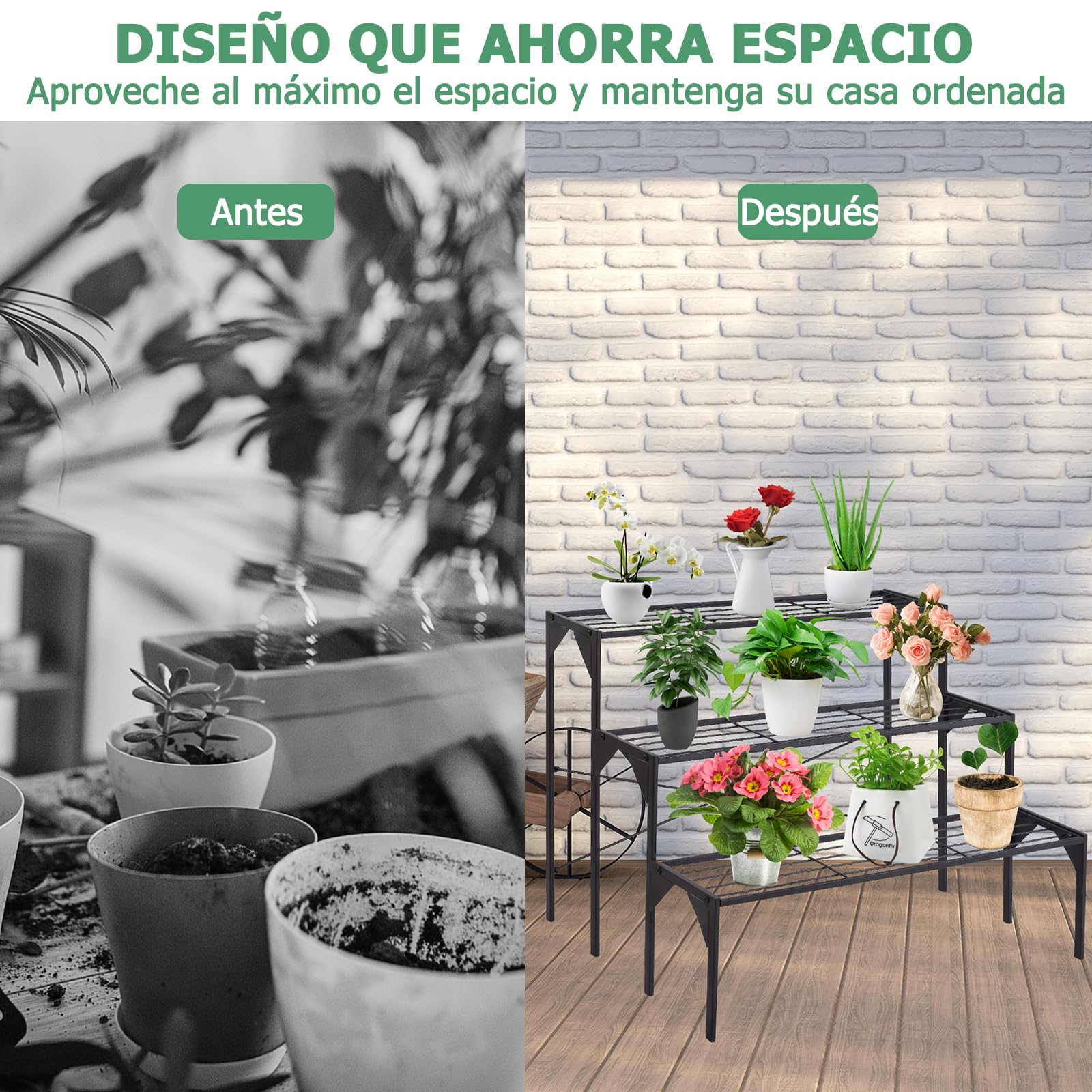 GOPLUS Estantería de Metal para Macetas, Estantería Escalera Decorativa para Plantas con 3 Niveles en Interior y Exterior, Soporte Rectangular de Almacenamiento de Macetas en Patio, Terraza, Negro