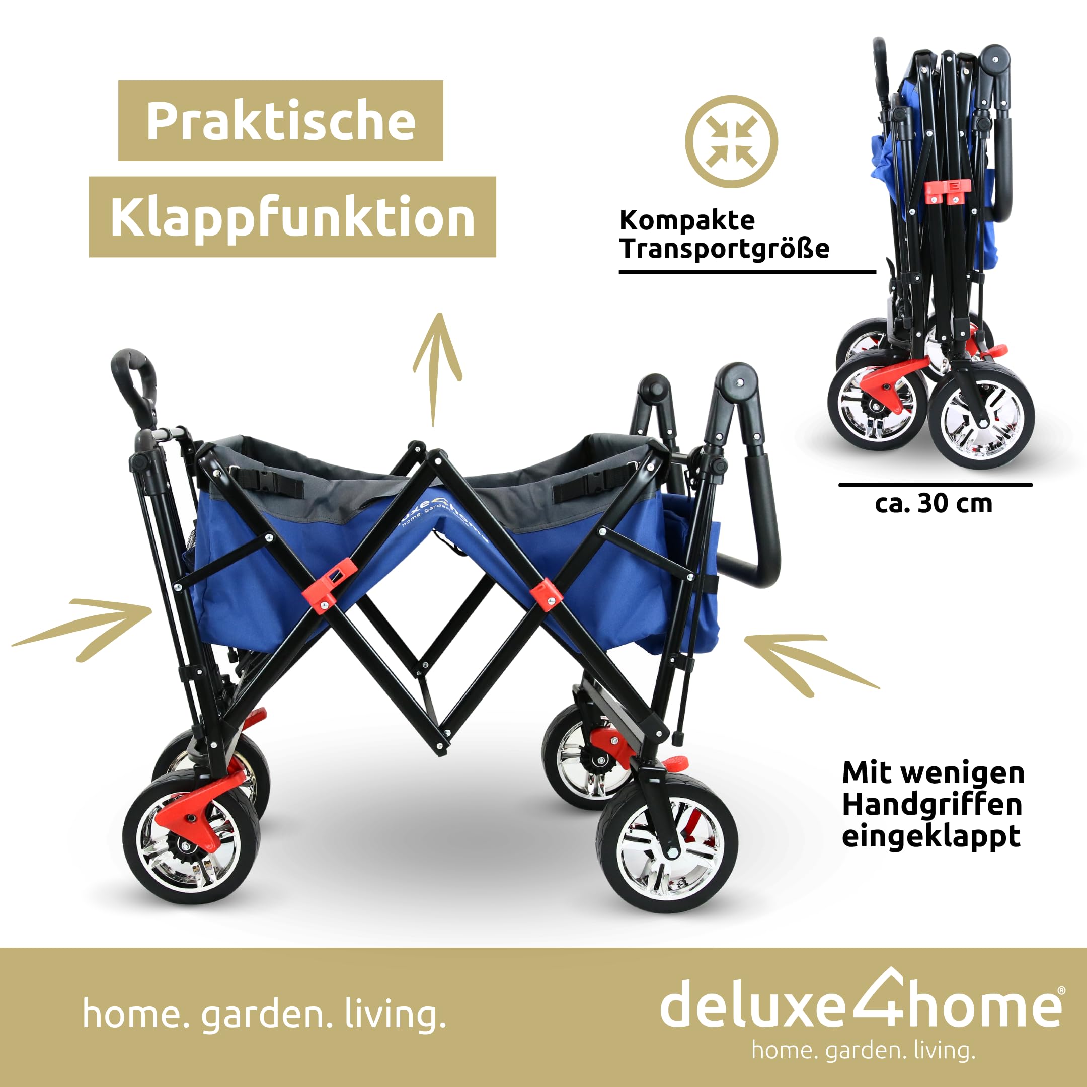 Bollerwagen mit Dach Faltbar Blau I Handwagen Transportwagen bis 80 kg I Breite Reifen Trolley Bremsen I Robuster Wagen Kinderwagen Strandwagen
