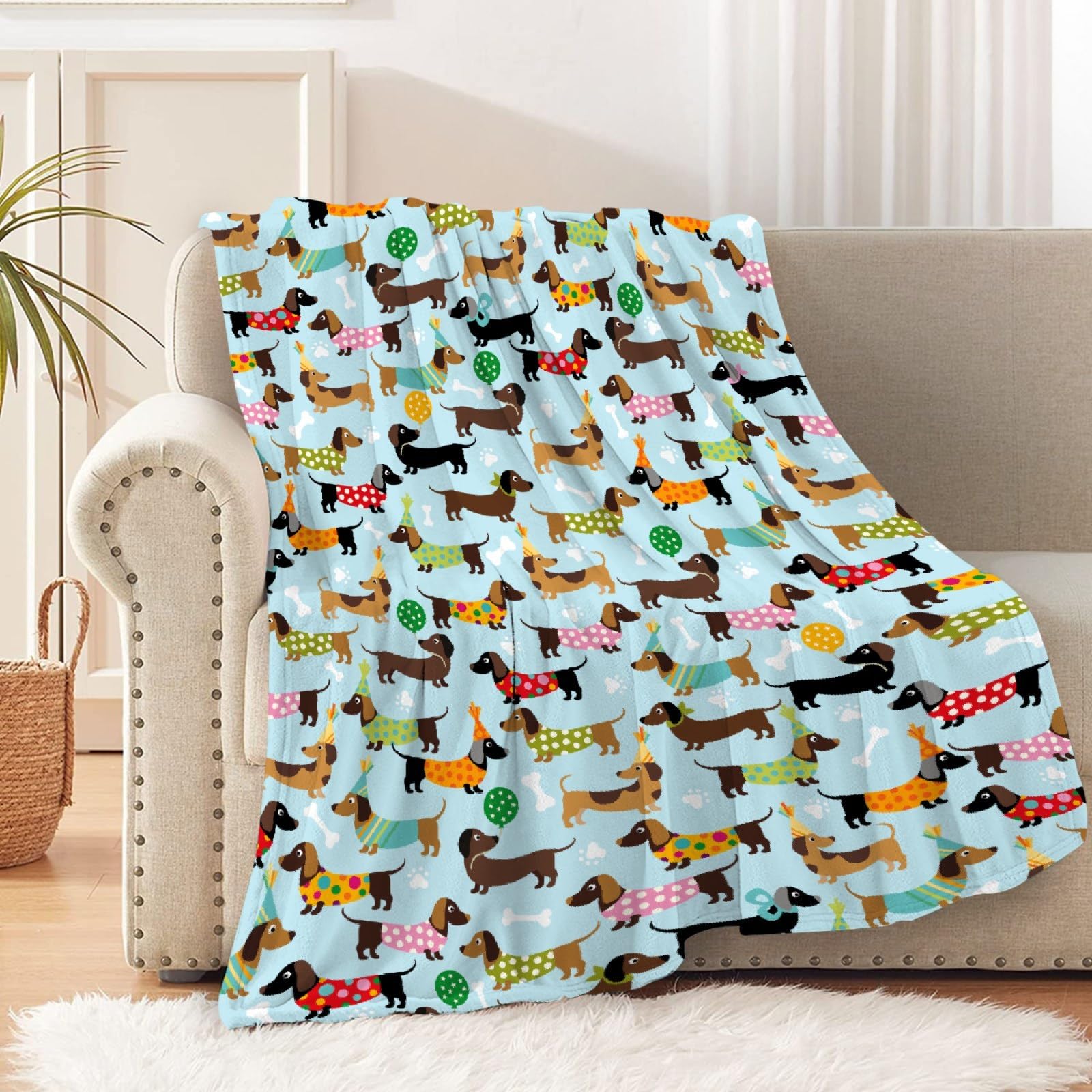 Couverture Teckel En Flanelle 150x130cm - Douce, Lavable | Pour Canapé, Lit, Bureau, Cadeau Déco