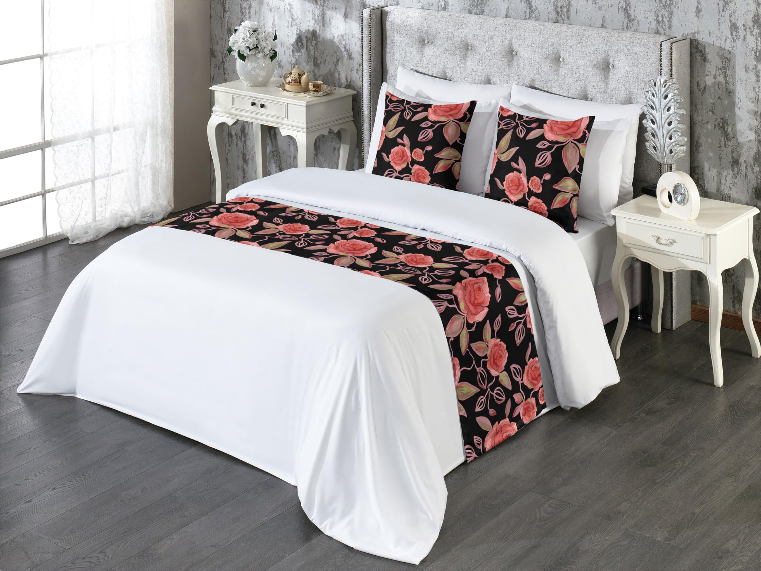Ambesonne Floral Inspiration Bed Runner Set Romantic Theme of Roses Delivering Love on a Vintage Vibe Decorative Bedding