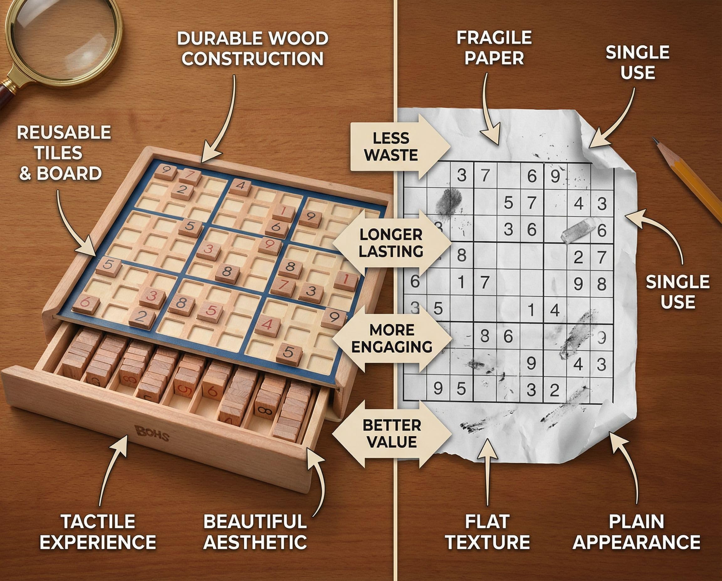 BOHS Gioco da Tavolo Sudoku in Legno con Cassetto per Adulti 100 Puzzle