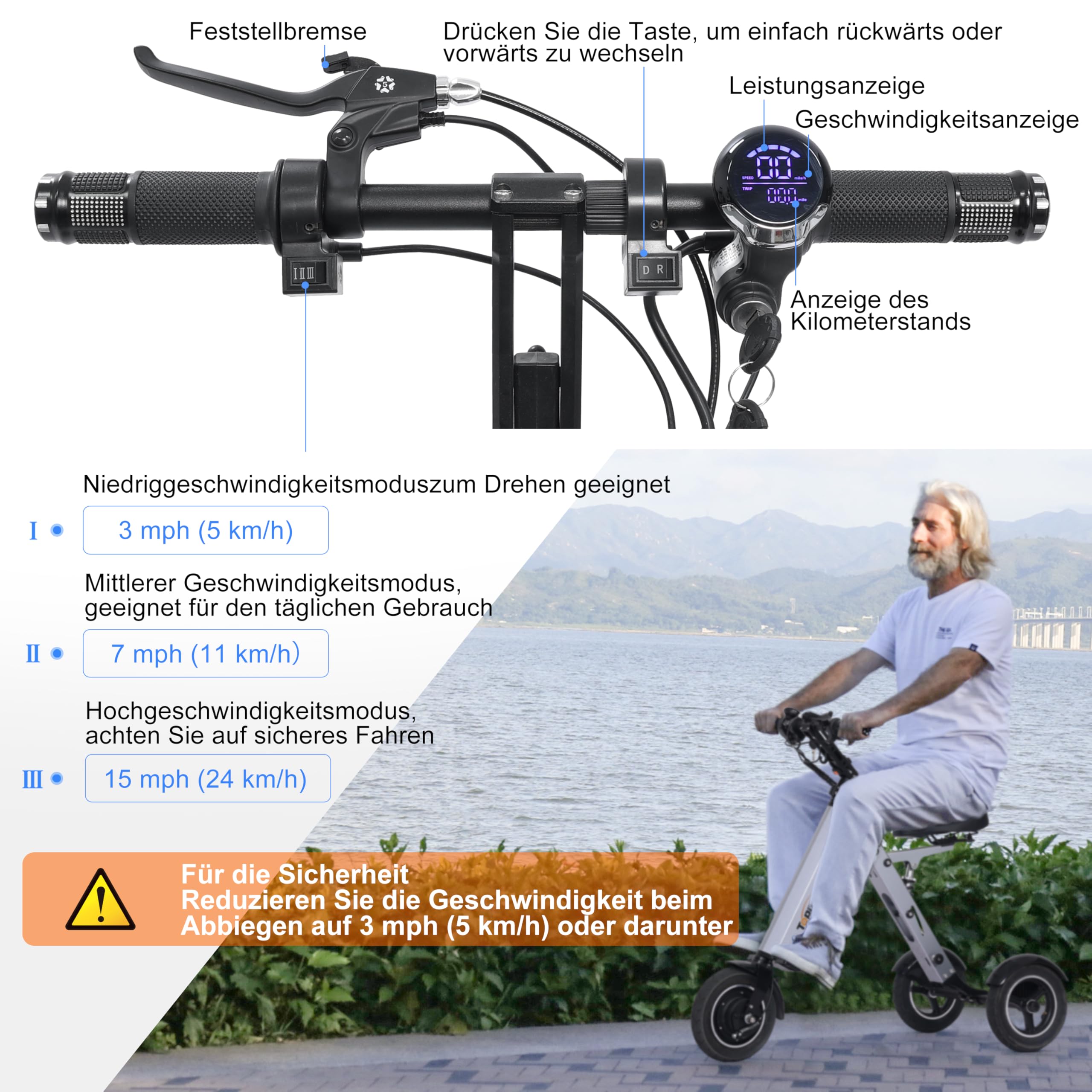 TopMate 3-Rad-Mobilitätsroller für Erwachsene mit Sitz, Leichter Elektro-Dreirad mit Abnehmbarem 36-V-7,8-Ah-Akku, Rückwärtsfunktion und Schlüsselschalter