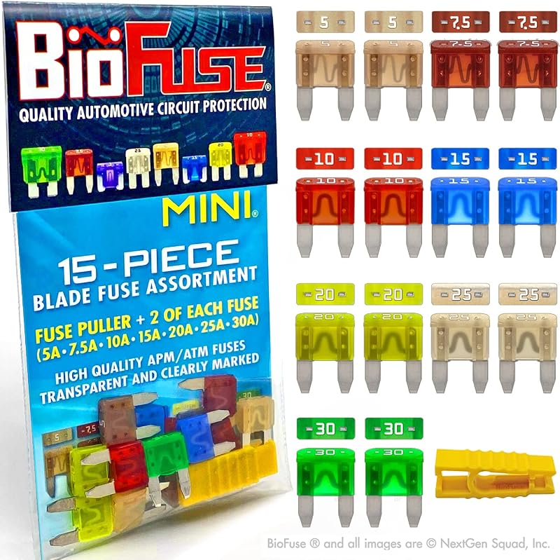 Kit de fusíveis automotivos Mini APM ATM BIOFUSE 5 A a 30 A com extrator – 15 peças