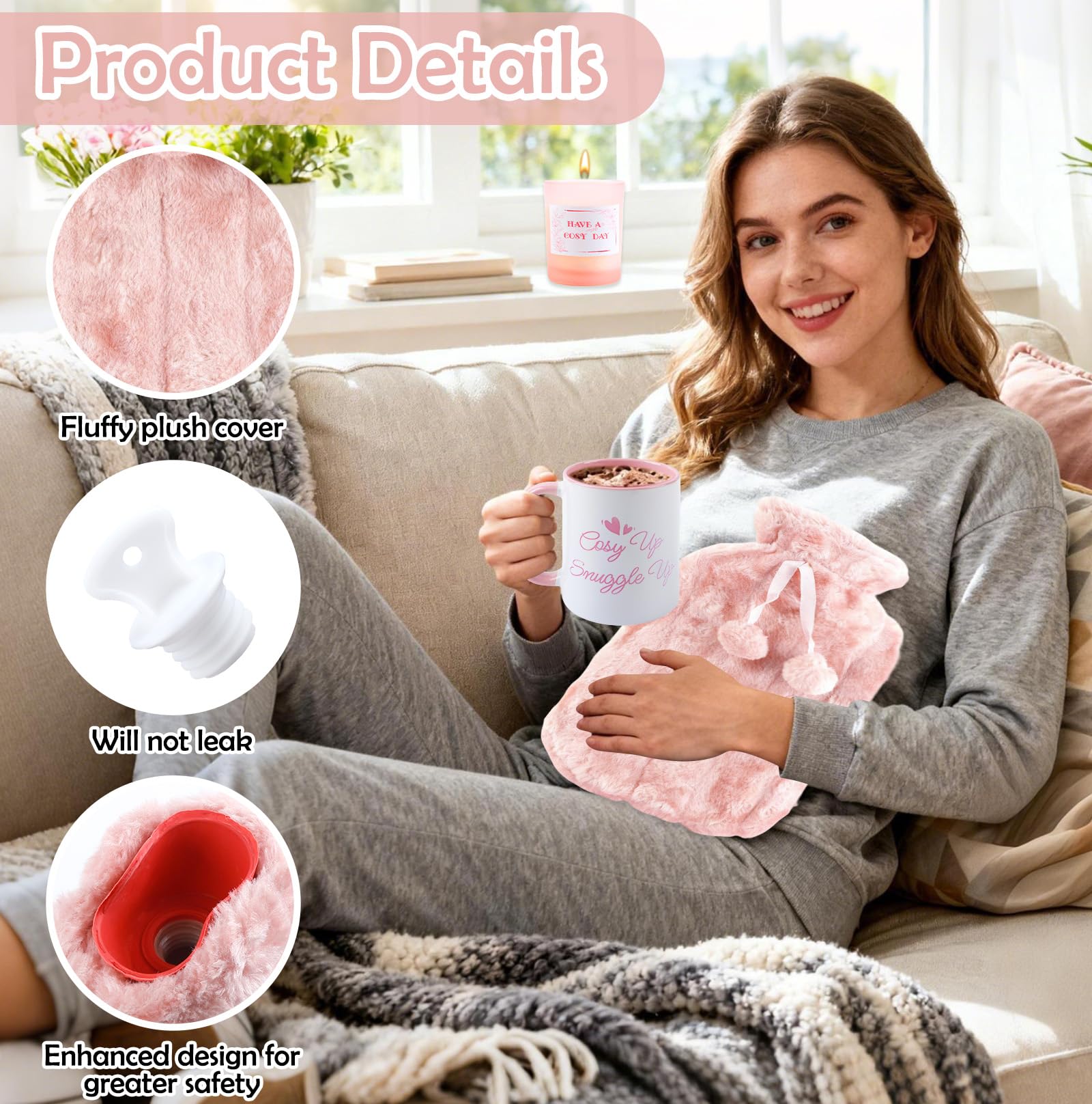 Wärmflasche, Geschenke für Frauen enthalten Flauschige Wärmflasche, Duftkerze, Dicke Socken und Personalisierte Tasse, Wärmflaschenbezug Gemütliches Gegenwart für Frauen Männer Erwachsene(Rosa)