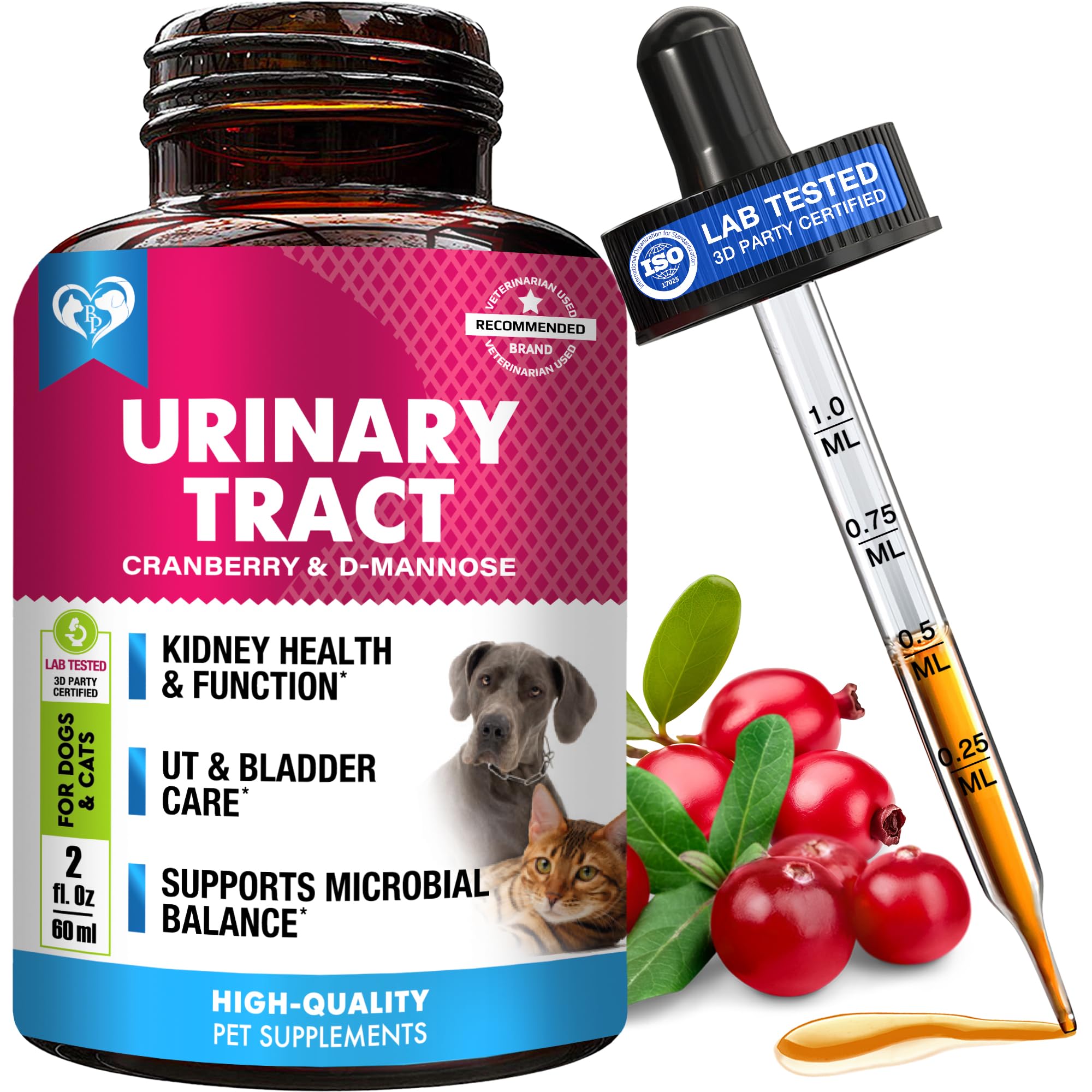 Cat & Dog Urinary Tract Infection Treatment & Natural UTI Medicine Cranberry & D-Mannose -Kidney+Bladder Support - Best Incontinence, Bladder Stones - Pet Renal Health & Care Drops