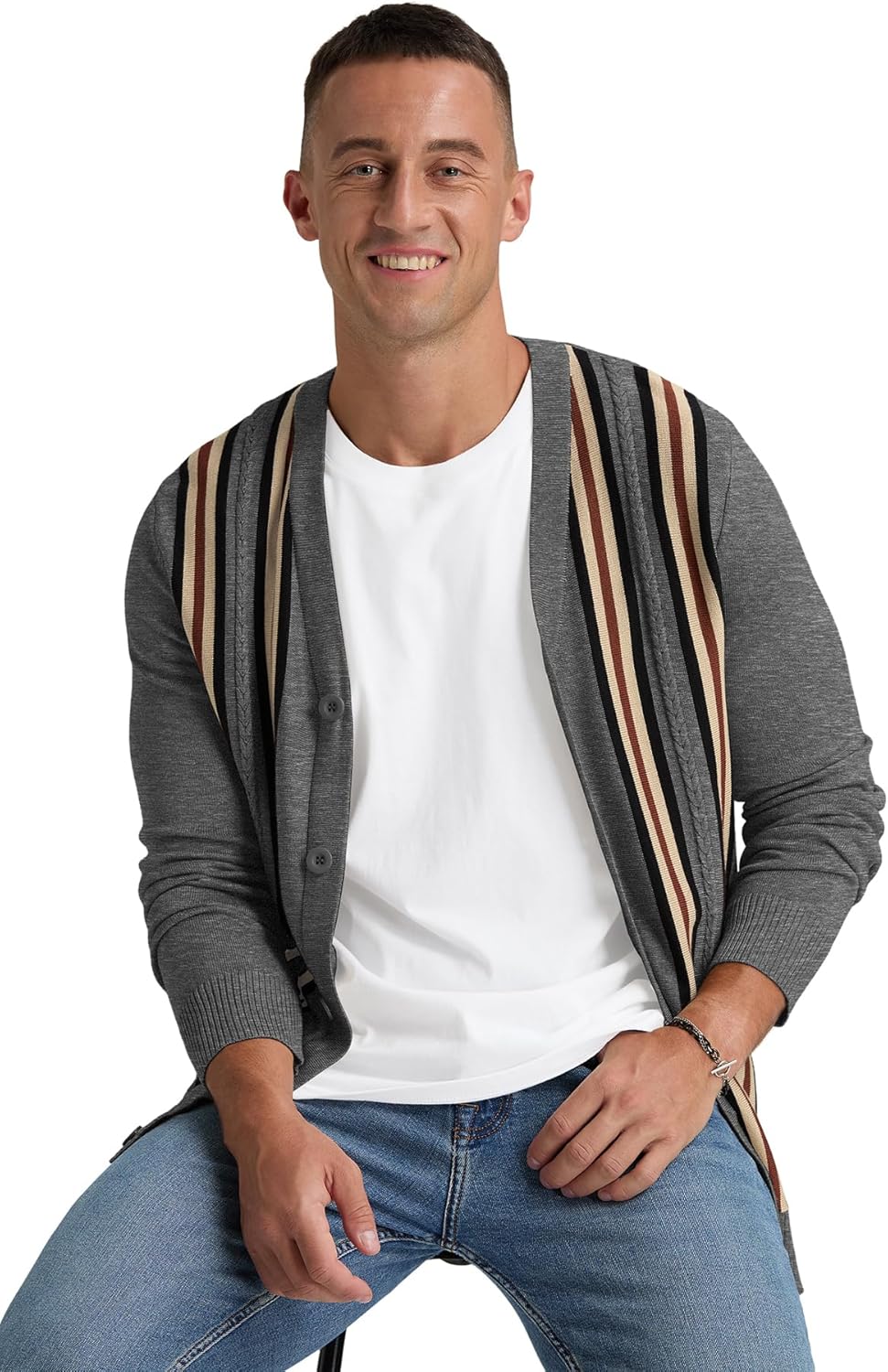 NITAGUT Mens Cardigan Sweater Vintage Striped V-Neck Long Sleeve Button Down Knitted Sweaters - Image 3