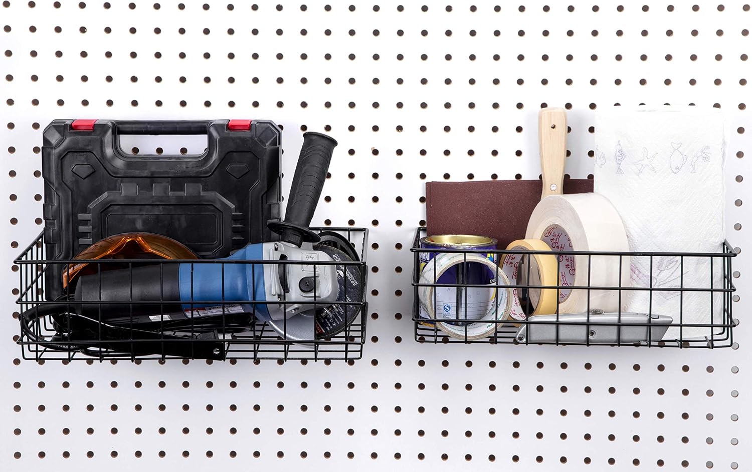 RightArrange Pegboard Basket Set of 2 - XLarge + Large Size Basket, Black - Hooks to Any Peg Board - Organize Tools, Workbench, Accessories, Garage Storage - Wall Organizer Attachments