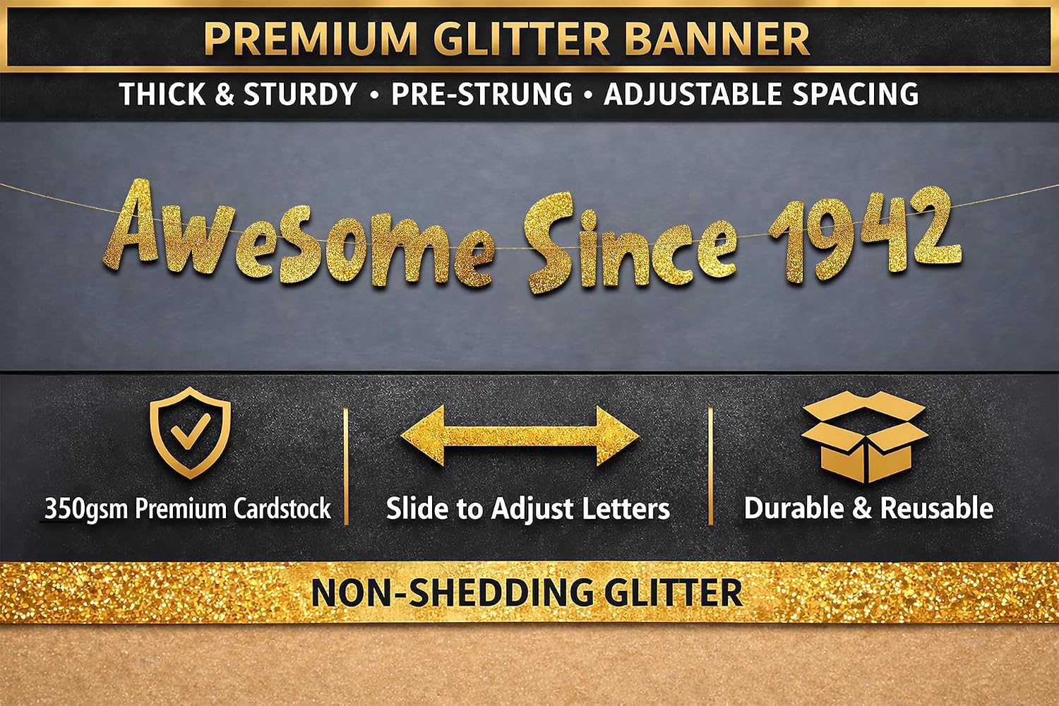 Pre-Strung Awesome Since 1942 Gold Glitter Banner - Funny 84th Birthday Decorations for Men and Women - Birthday Party Supplies and Gifts image 3
