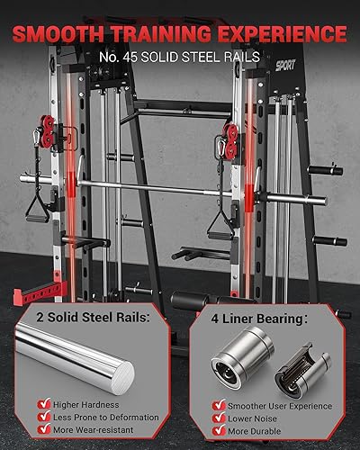 Miniatura 5 de GarveeLife Smith Machine - Gimnasio en casa todo en uno, jaula de potencia para sentadillas de 2200 libras con barra Smith, tracción LAT, sistemas