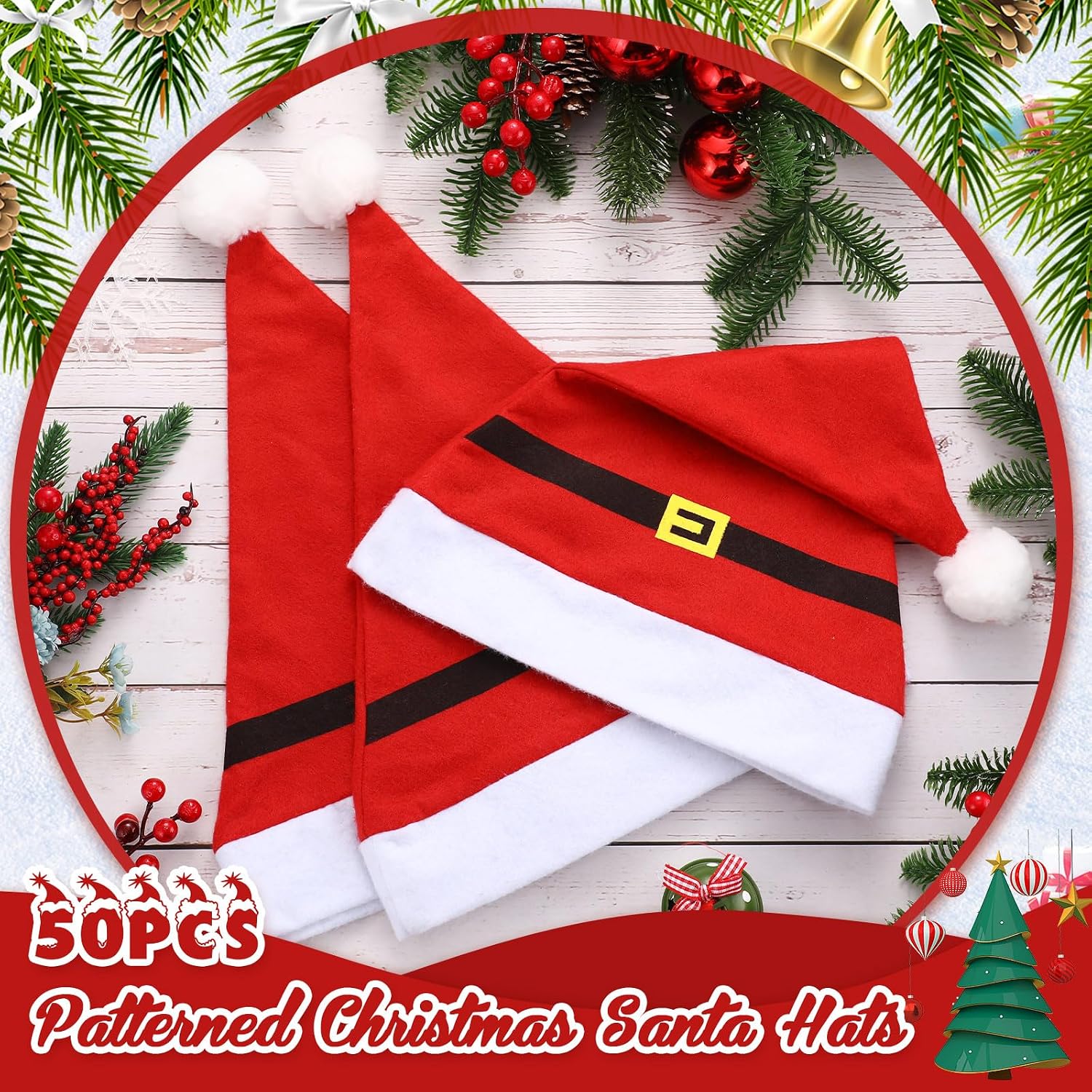 Vicenpal 50pcs Santa Hats Bulk 11.81 x 15.75 Inch Christmas Hat with Fuzzy Pom for Adult Teens Xmas Holiday Party Decor