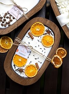 Handmade Soy Wax Dough Bowl Candle, Cranberry & Orange, 3 Cotton Wicks, Wooden with Dried Fruit Decor (with Gift Card, Christmas Hearth)