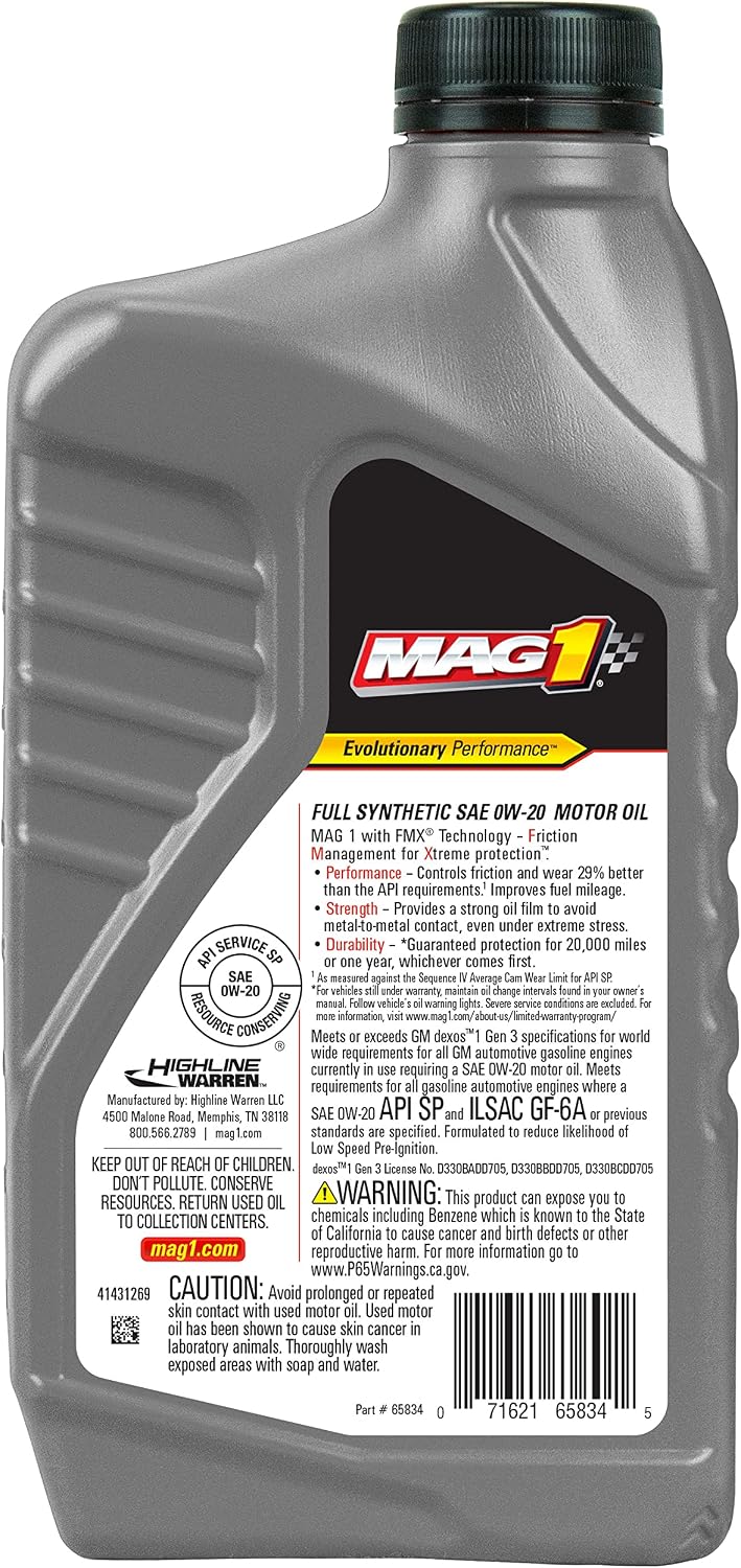 MAG 1 65834 Full Synthetic SAE 0W-20 Motor Oil - 1 Quart (Pack of 6)