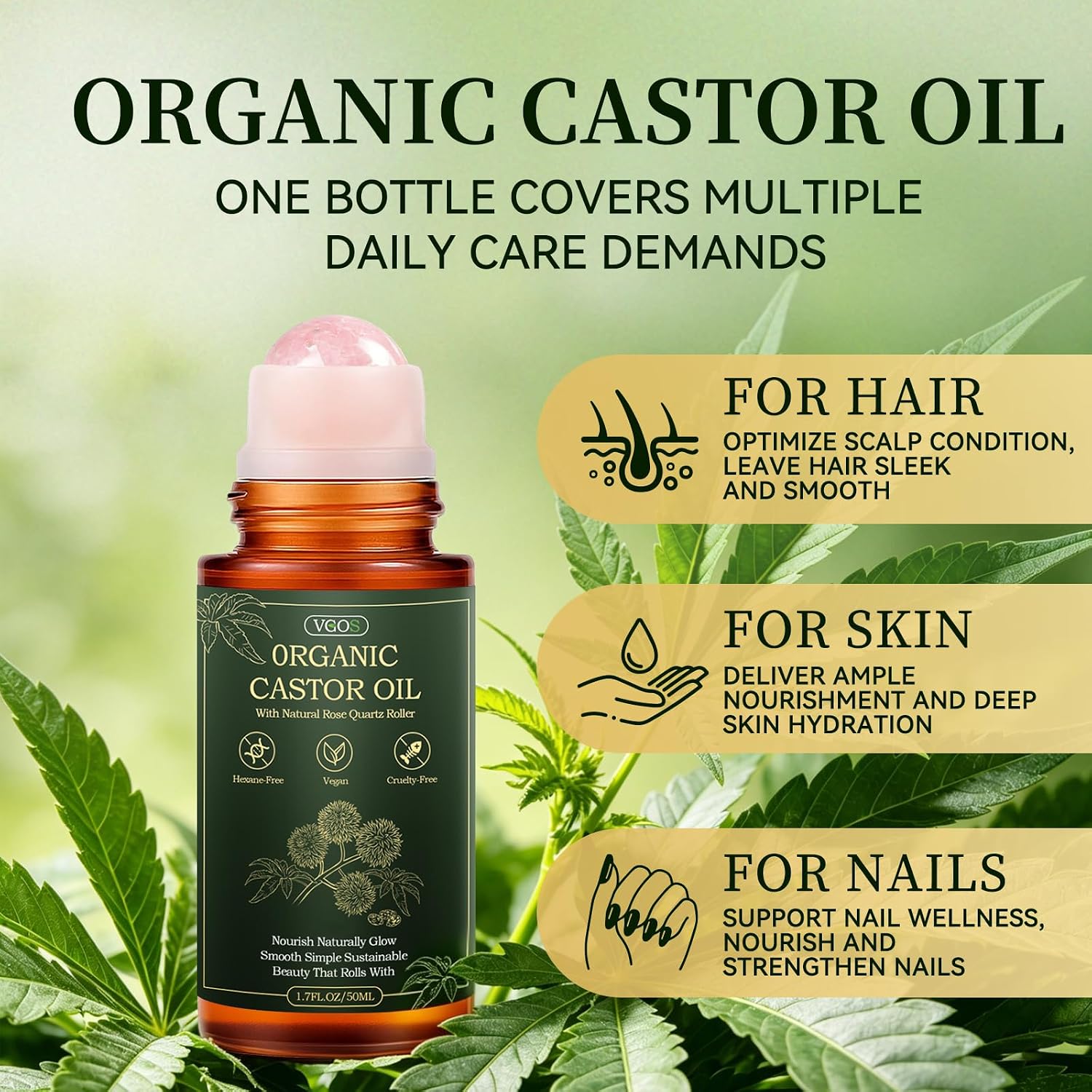 Organic Castor Oil Rose Quartz Roller Ball,100% Pure Cold Pressed, Natural Moisturizer for Face, Hair, Body & Eyebrows, Rose Quartz Roller - 2 Pieces x 1.7 floz