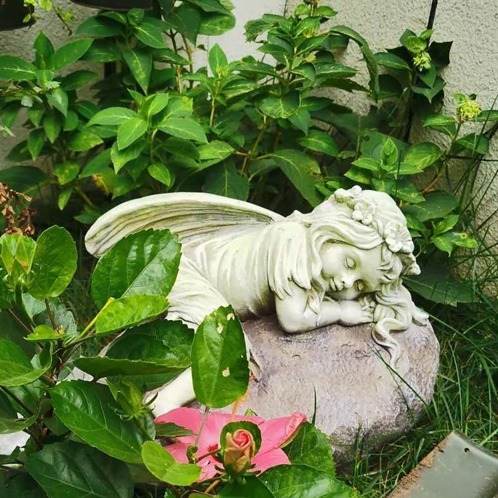 Ornamento da giardino Statua del giardino d'angelo addormentato - Ossido di magnesio cherubino che dorme su figura di pietra decorazione da giardino esterno interno