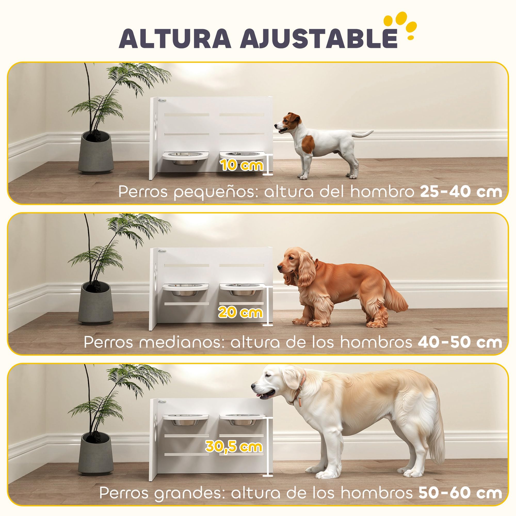 PawHut Comedero Perros Elevado 3 Alturas Ajustables para Perros Blanco | Cuencos 2x1 L, 1 Alfombrilla Antivoracidad, Comedero para Perros Pequeños Medianos y Grandes