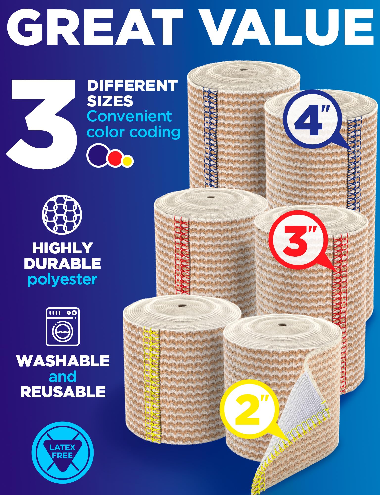 Premium Elastic Bandage Wrap - 6pack (2x2in, 2x3in, 2x4in) - Self-Closing — Amazon image 2