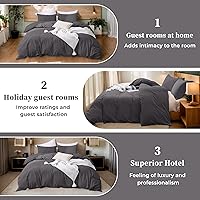 Vista 4 de ATsense Funda de edredón tamaño Twin, 100% algodón lavado, sensación de lino, funda de edredón gris oscuro, juego de ropa de cama de 3 piezas, suave