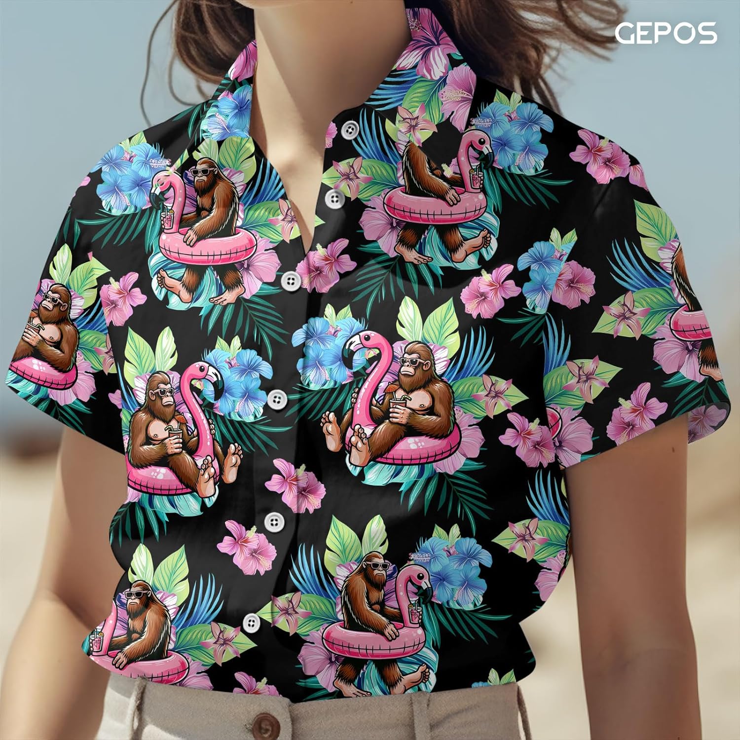 Bigfoot Print Hawaiian Shirt, Tropical Sasquatch Casual Button Shirt, Summer Monster Unique Shirt, Birthday Gifts - Image 2