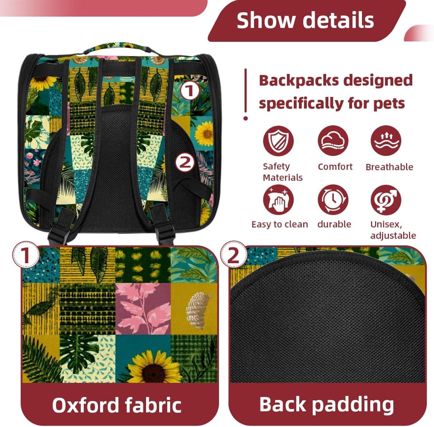 Portable Travel pet Backpack Carrier Hamster Bag Small Dog cat Carrier Breathable Hang Bag, Summer Tropical Patchwork (1)