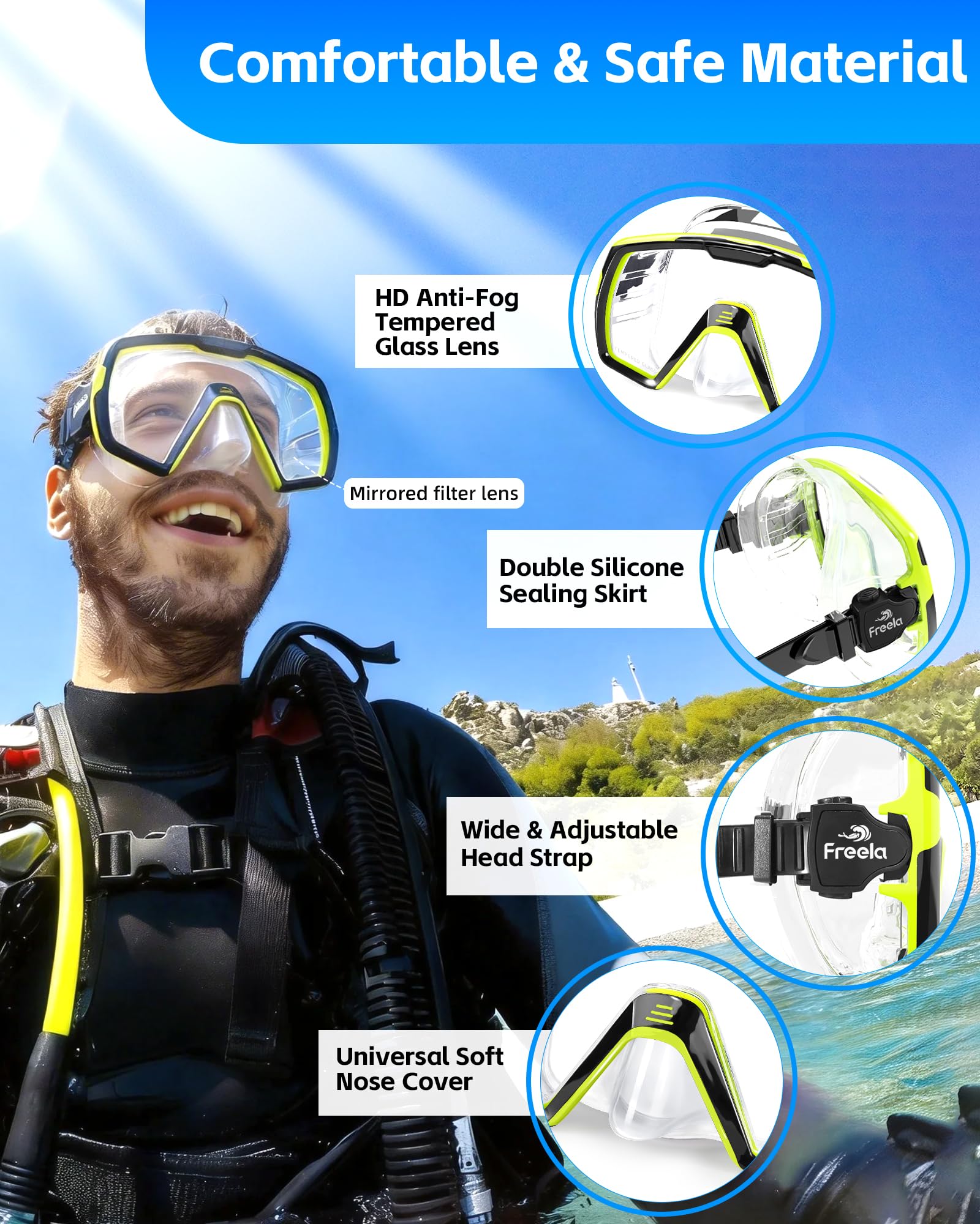 Freela Juego de esnórquel seco para adultos, máscara de buceo con cubierta para la nariz, vidrio templado de seguridad de visión amplia de 180°, antivaho, sin fugas, equipo de esnórquel para hombres