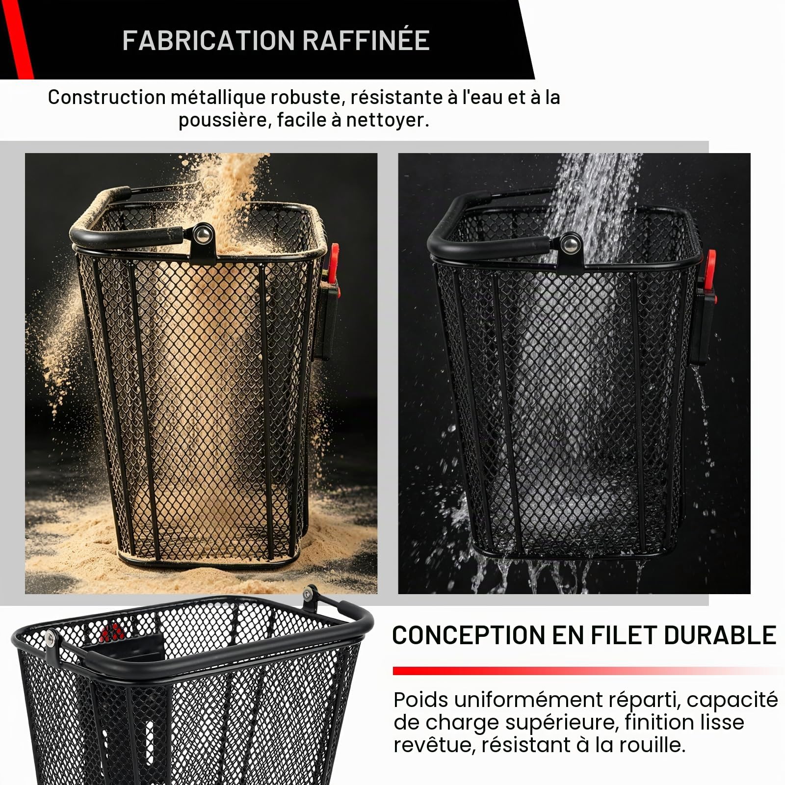 Panier Avant Trottinette Électrique, Panier de Guidon Amovible | avec Fixation Rapide, Compatible Guidon 34–62mm, Charge Max 15kg, Panier Métallique Solide avec Poignée, 22x17x24,5cm