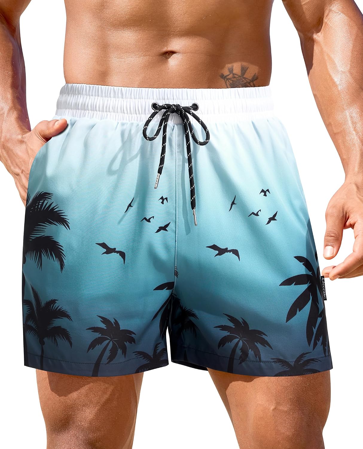 Gleeease 4inch Mens Swim Trunks: with Compression Liner Zipper Pocket Drawstring Quick Dry Stretch Lined Palm Tree Beach Pool