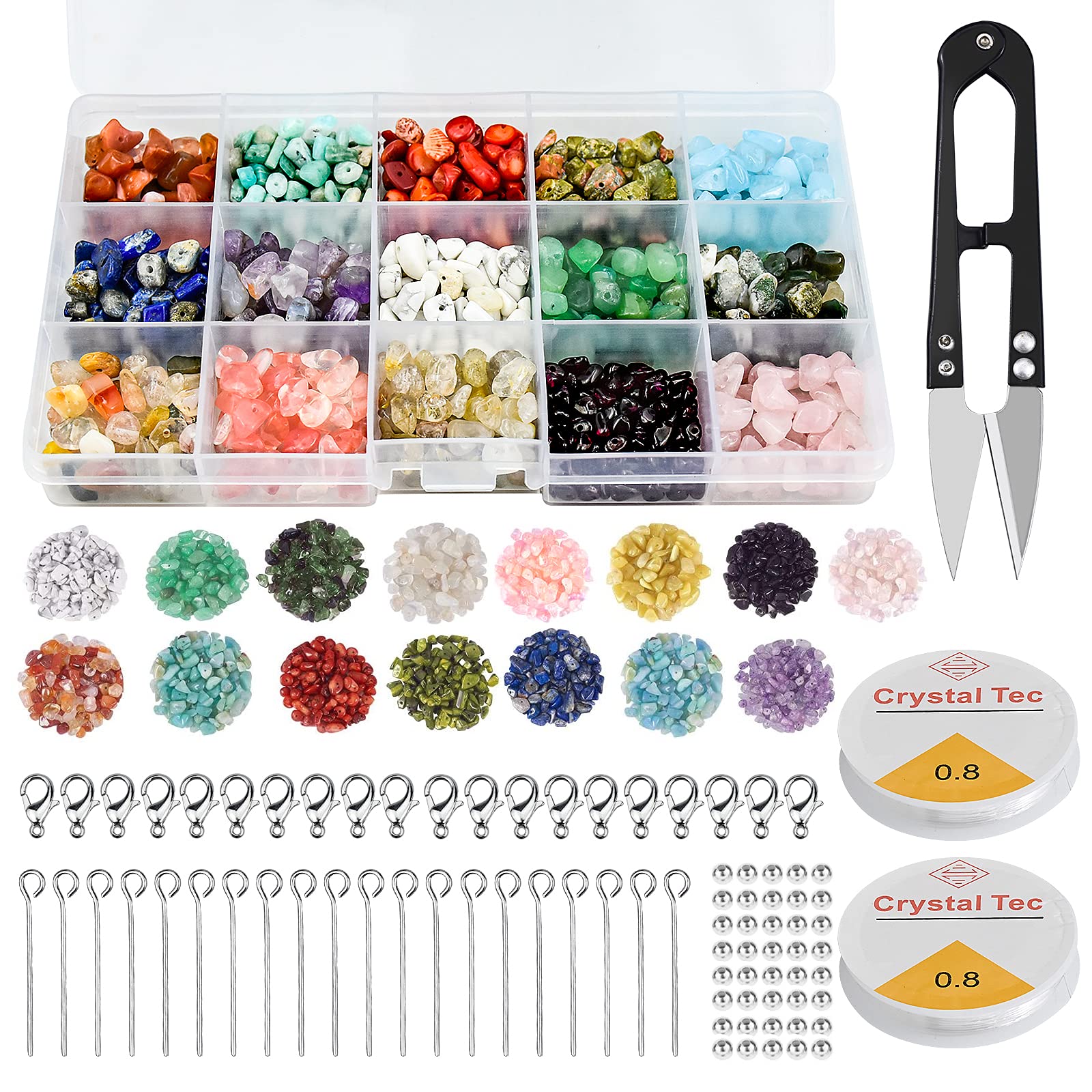 893 PCS Irregular Gemstone Beads Crushed Kit 15 Colors Natural Chips Stone Beads Ear Hook Lobster Clasp Loose Gemstones Healing Crystal for Jewelry Making Necklace Bracelet Earring DIY Crafts Supplies