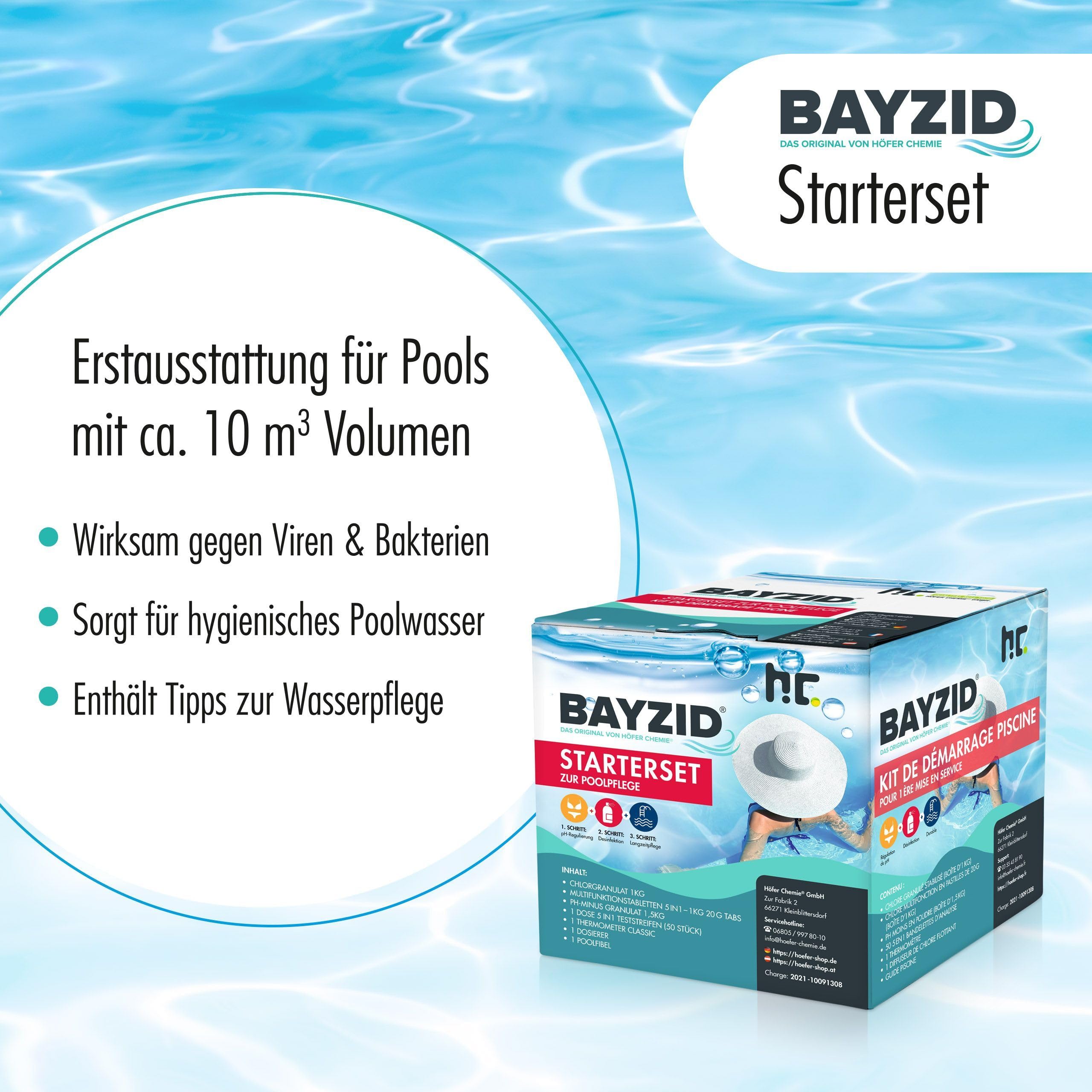BAYZID® Pool Starterset 7-teilig - Wasserpflege durch Pool Chlor Granulat, PH Minus, Multitabs, Poolthermometer, Dosierer, Teststreifen und Poolfibel - von Höfer Chemie