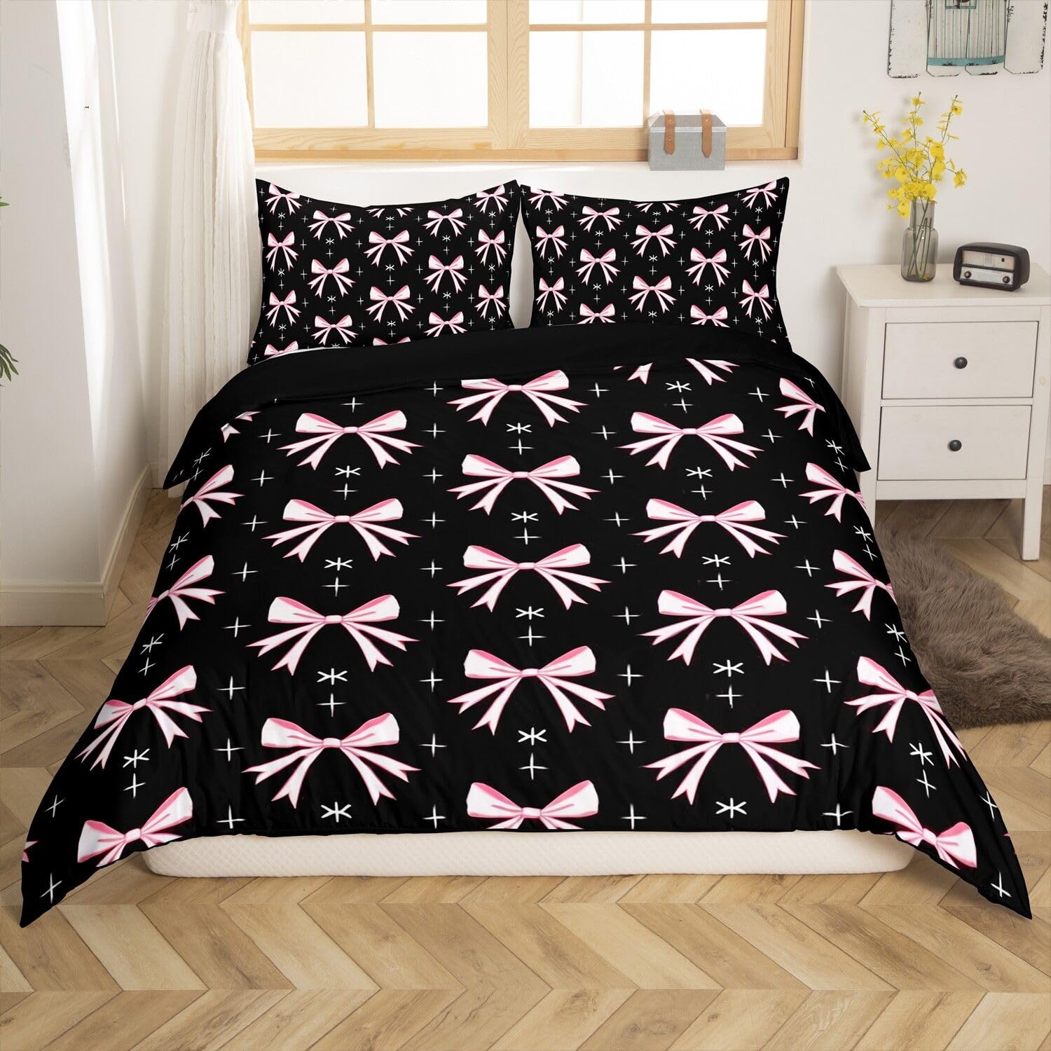 Homemissing Pink Black Bowknot Bedding Set Single Size - Image 2