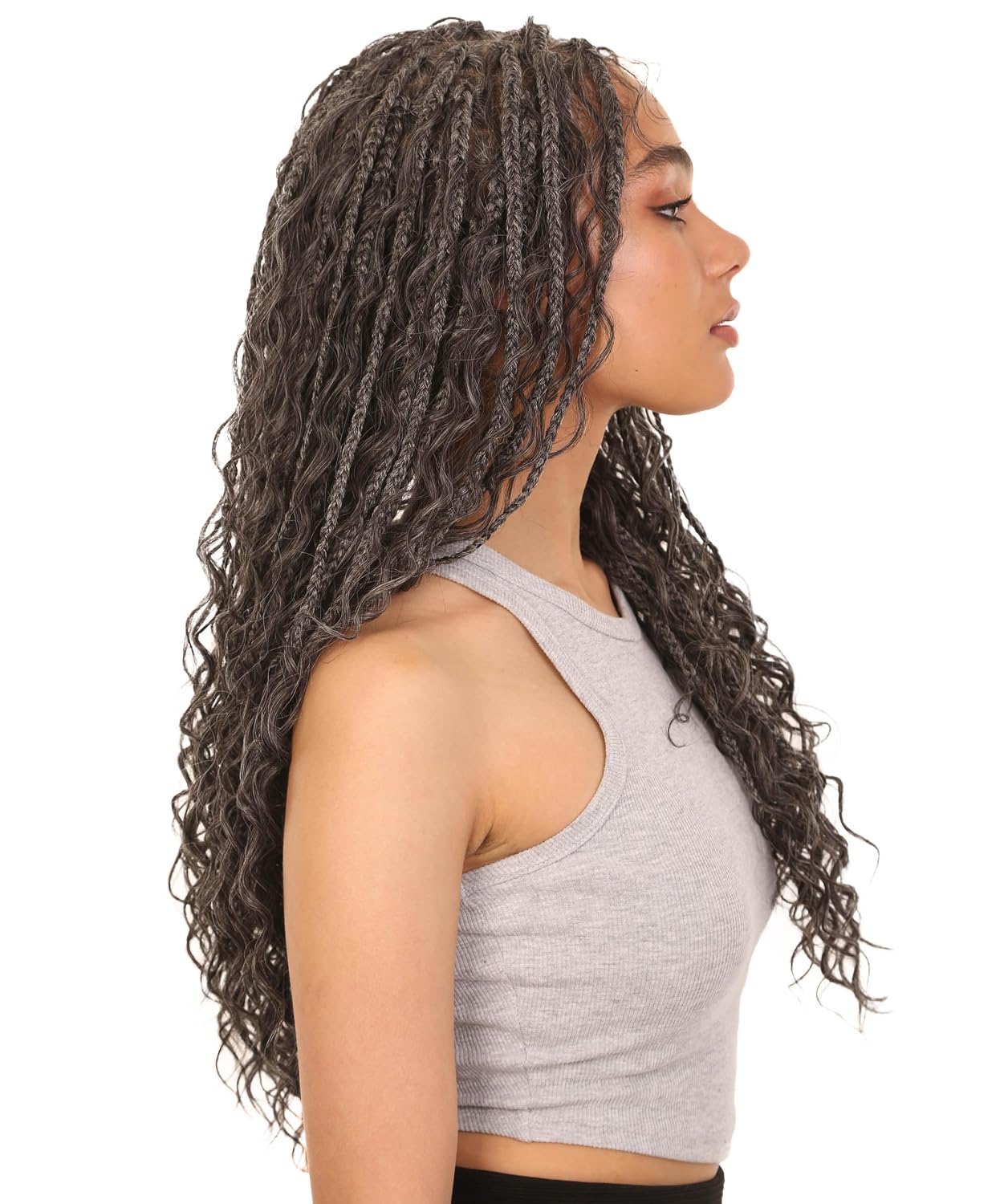 LUXLUXE Grace 25-inches Full Hand-tied Boho Box Braids Wig with Baby Hair, Heat-resistant Synthetic Fiber, (Charcoal Grey)