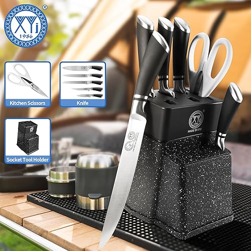 Miniatura 7 de XYJ Auténtico desde 1986, juego de cuchillos de cocina con bloque, tijeras, juego de bloques de cuchillos de acero inoxidable, para cortar el pan,