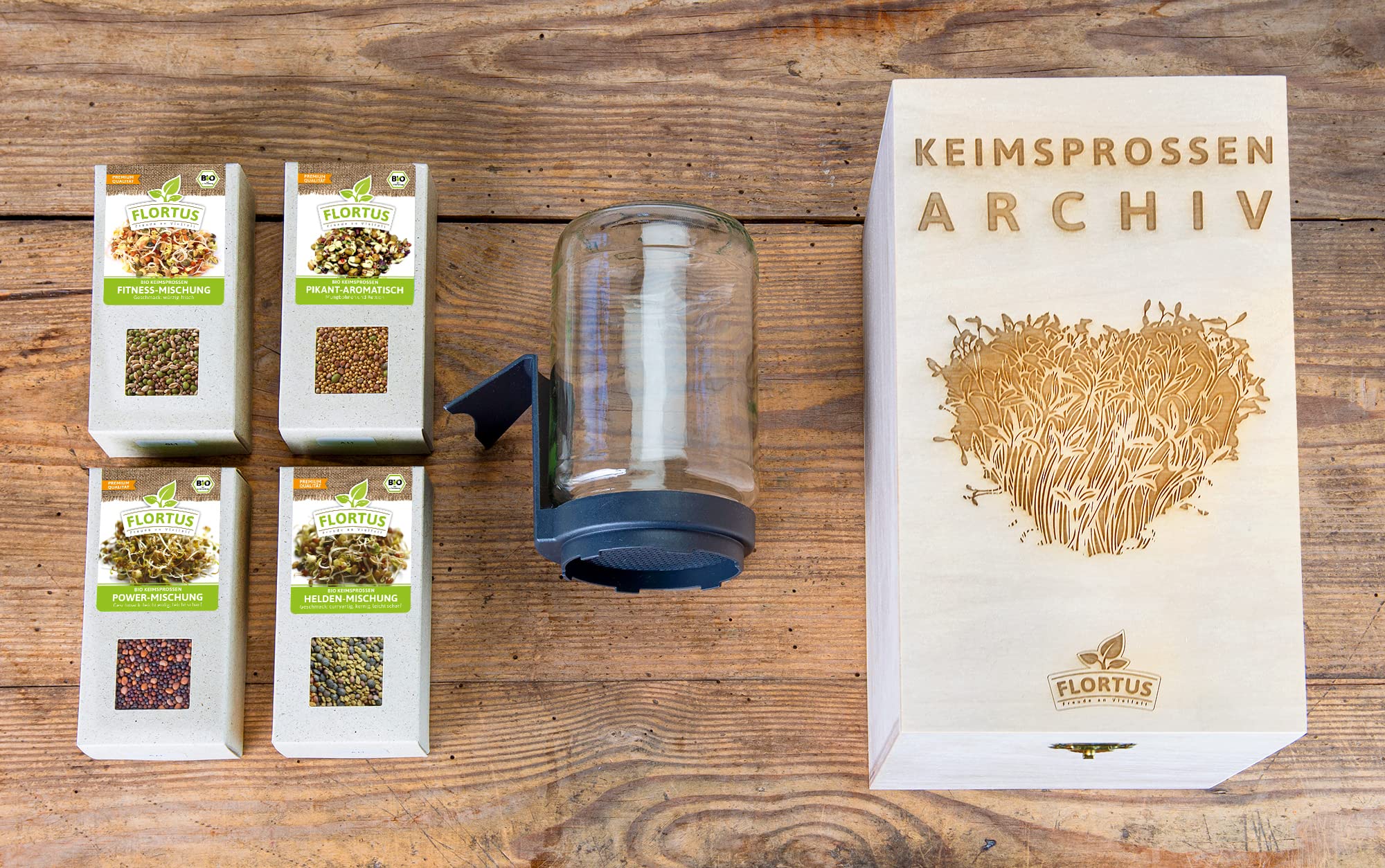 FLORTUS BIO Keimsprossen Archiv Geschenkbox - inkl. 4x Sprossen Mix | Fitness, Helden, Power & Pikante Mischung | Geschenkset mit Sprossenglas | Keimsprossenbox Holzbox mit Deckel