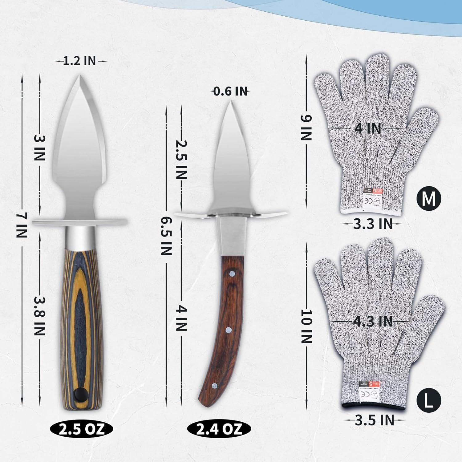 2PCS Oyster Shucking Knife + 4PCS A5 Cut-Resistant Gloves(2M+2L),3Cr13 Stainless Steel Oyster Knife,Oyster Shucker Tool with Classic Wooden Handle,Oyster Opener Oyster Shucking Gloves Kit
