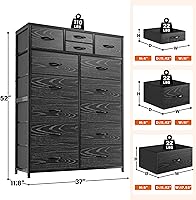 Vista 2 de EnHomee Cómodas altas para dormitorio con cajones, cómoda de tela negra para dormitorio, cómoda para sala de estar, pasillo, entrada, parte superior