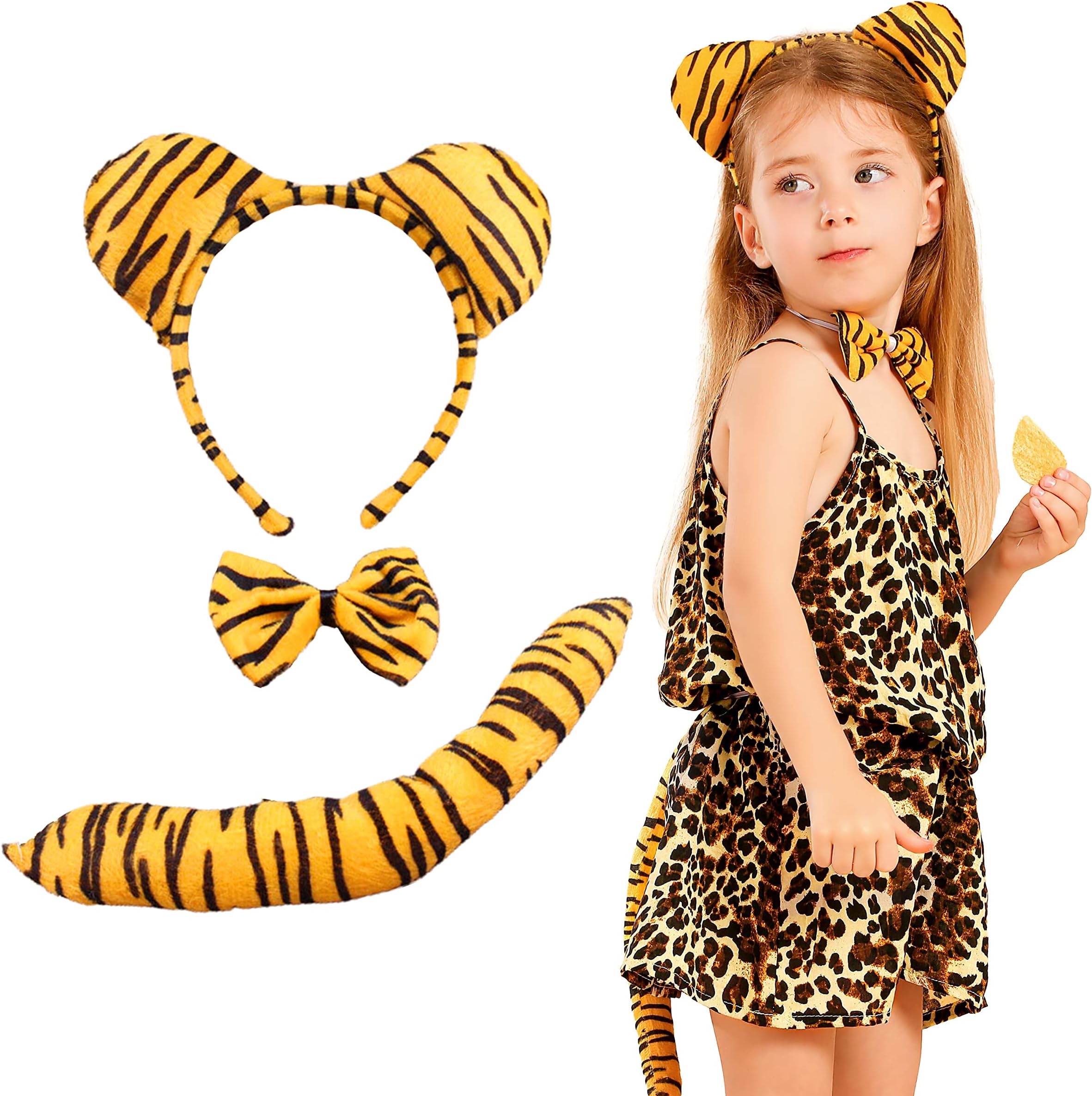 JeVenis Tiger Ears And Tail Kids Tiger Costume Boy Girls Ginger Cat Costume Ears Bow Tail Wild Animals Party Prop Wild One Accessory for Carnival Party