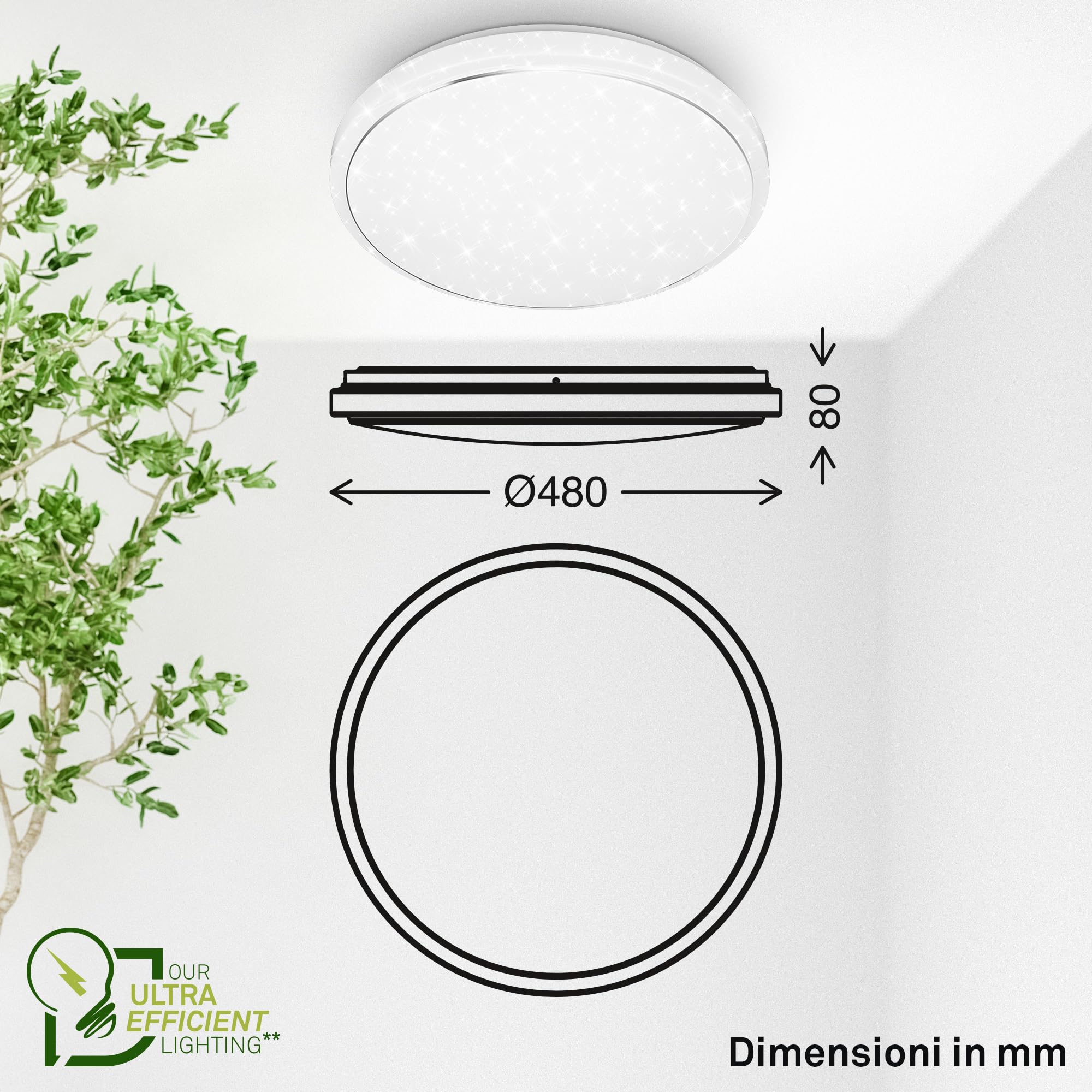 BRILONER - Plafoniera LED con telecomando, CEE A sorgente luminosa, dimmerabile, luce notturna, da bianco caldo a bianco freddo, lampada soffitto, plafoniera soffitto, lampadario, 48 x 8 cm, bianco