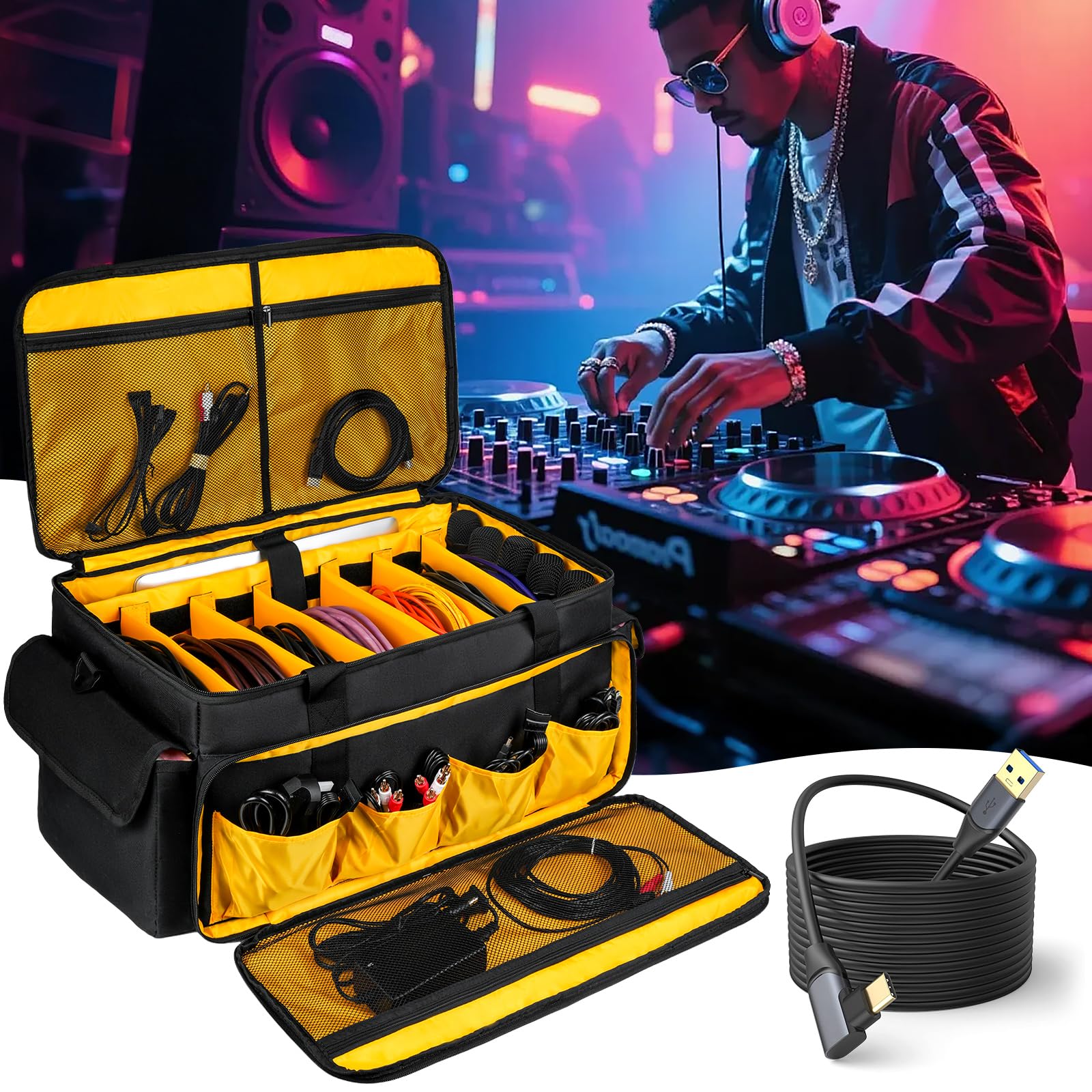 Grand sac pour matériel DJ avec 6 séparateurs amovibles,pochette pour câbles DJ avec emplacements pour ordinateur portable et microphone,sac de rangement pour matériel DJ,musiciens et accessoires