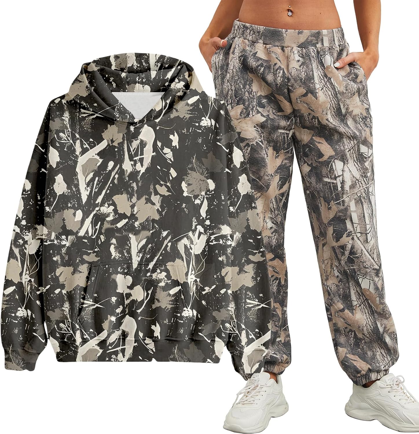 Camo Sweatsuits for Women Set 2 Piece,Womens Camo Hoodie Maple Leaf Print Oversized Sweaters Sweatshirt Sweatpants